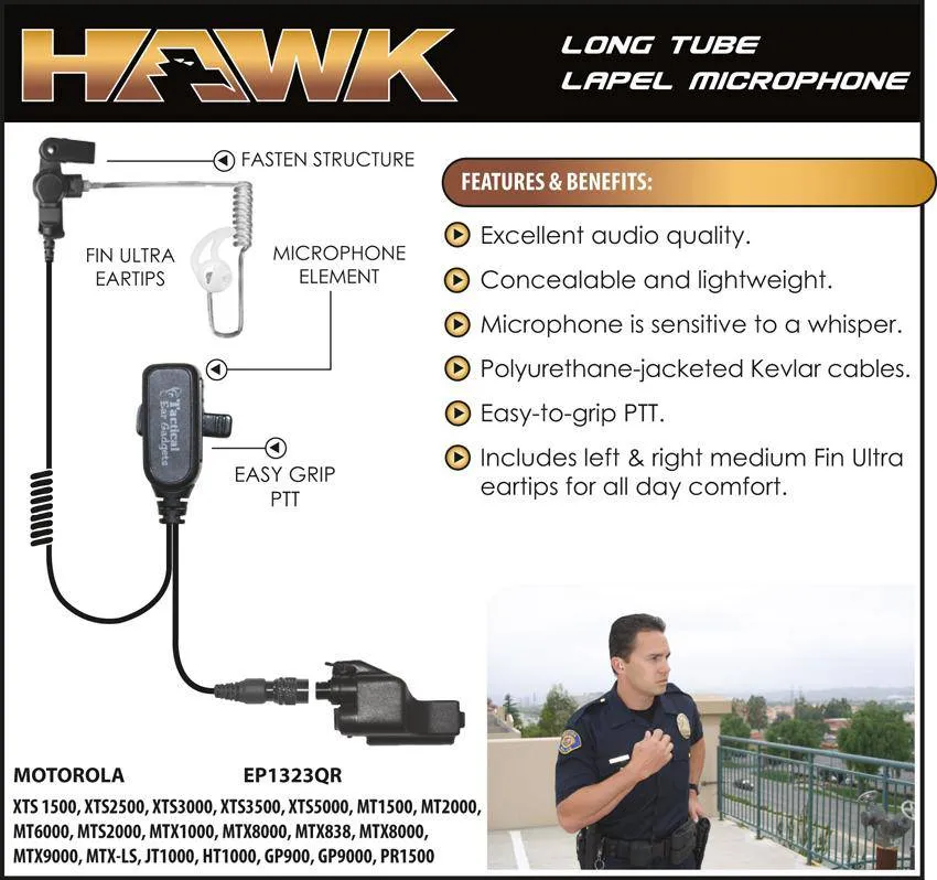 EP1323QR, Hawk, Lapel Microphone, w/Quick Release fits Motorola