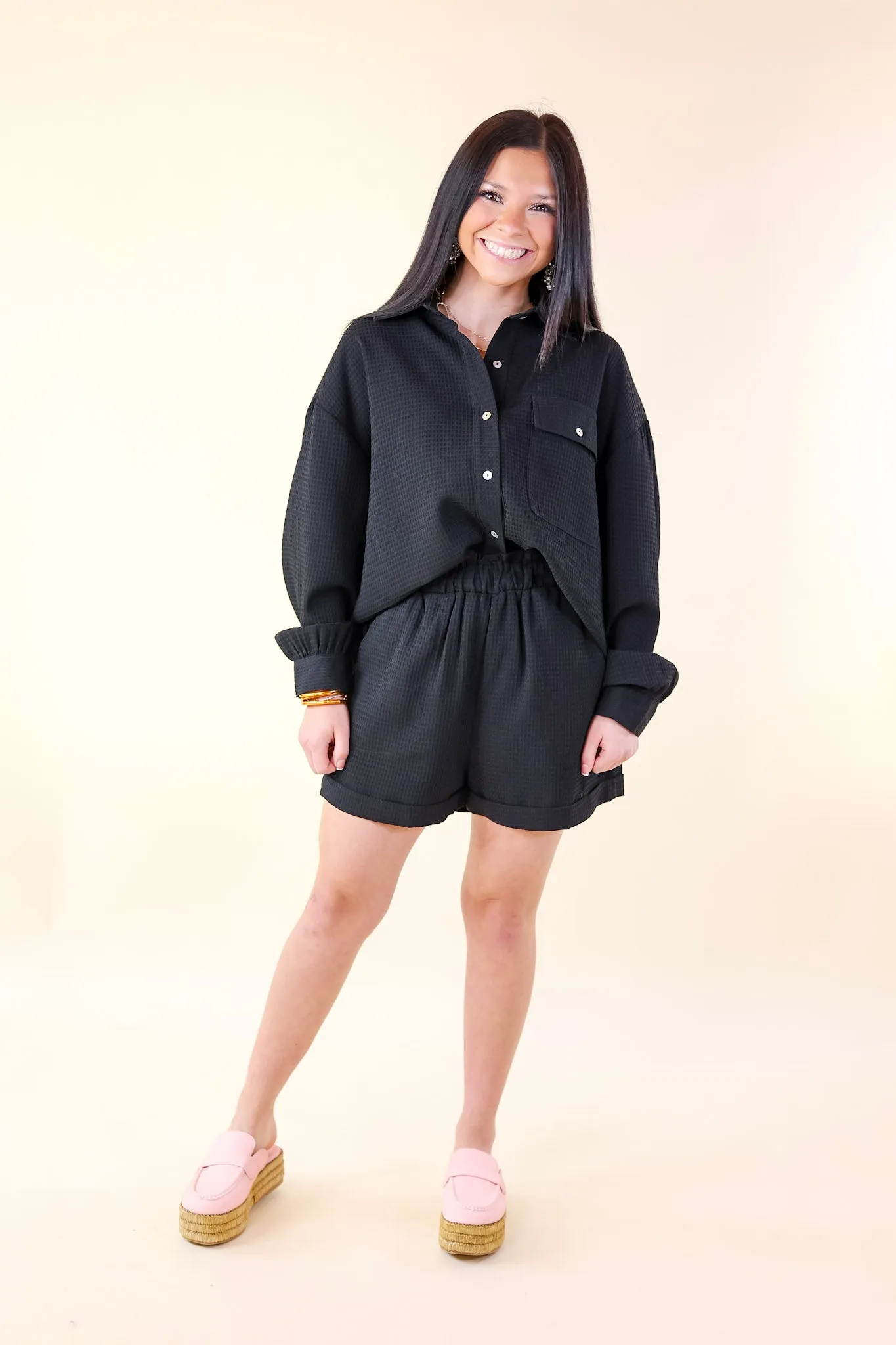 Escaping Ordinary Waffle Weave Button Up Top in Black