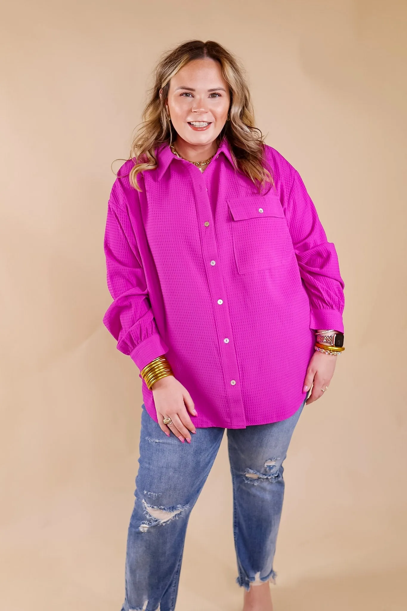 Escaping Ordinary Waffle Weave Button Up Top in Orchid Purple