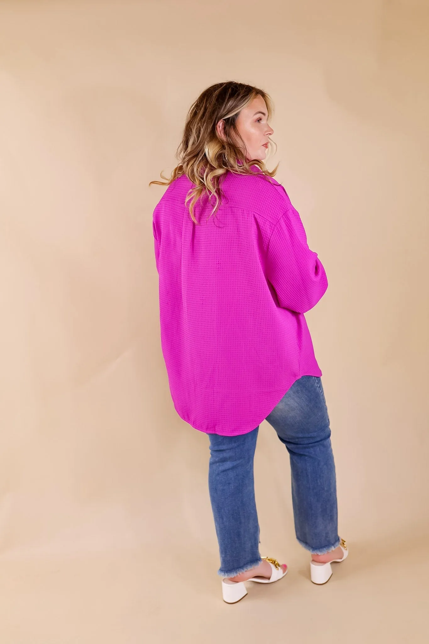 Escaping Ordinary Waffle Weave Button Up Top in Orchid Purple