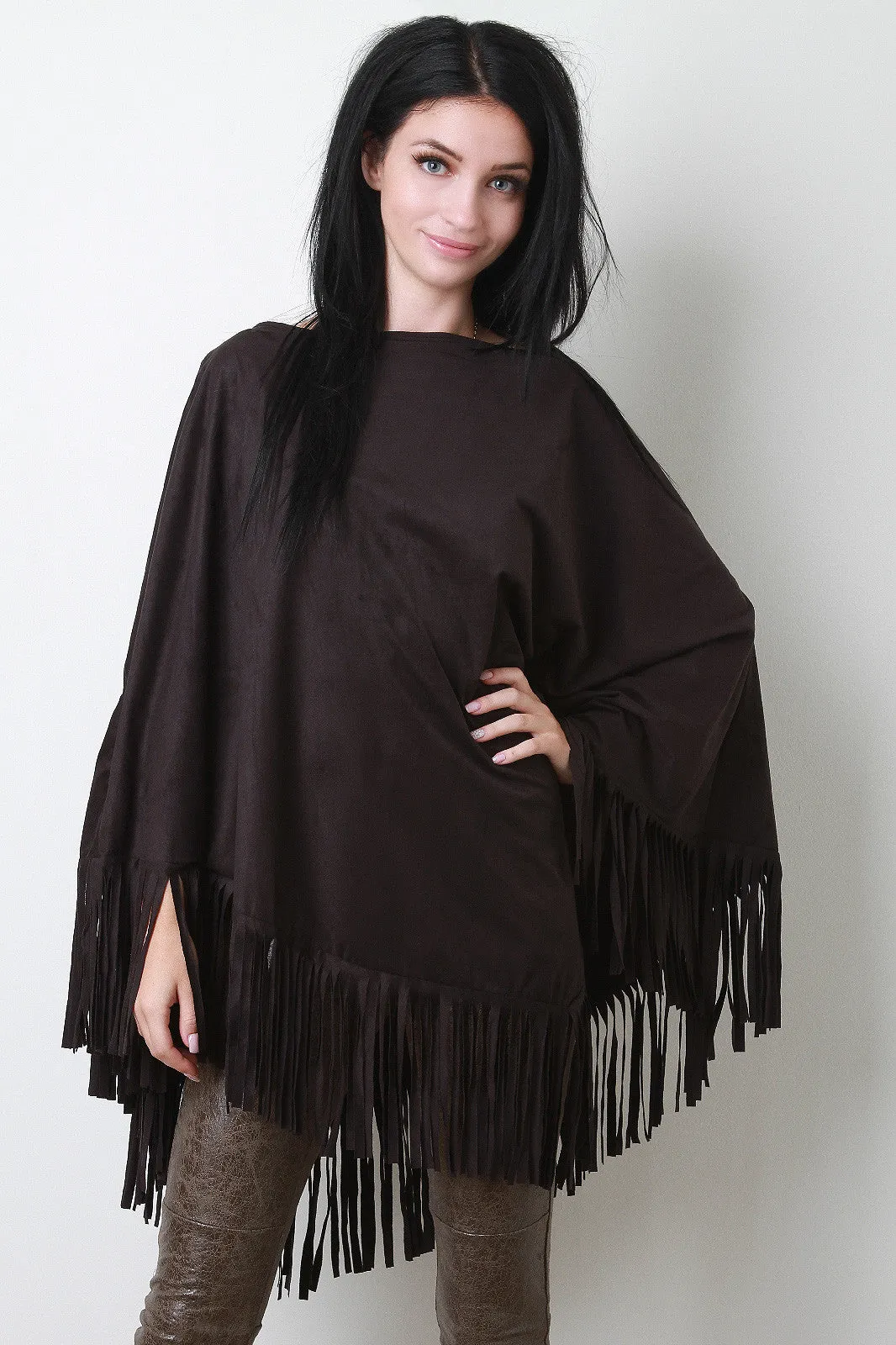 Faux Suede Fringe Poncho