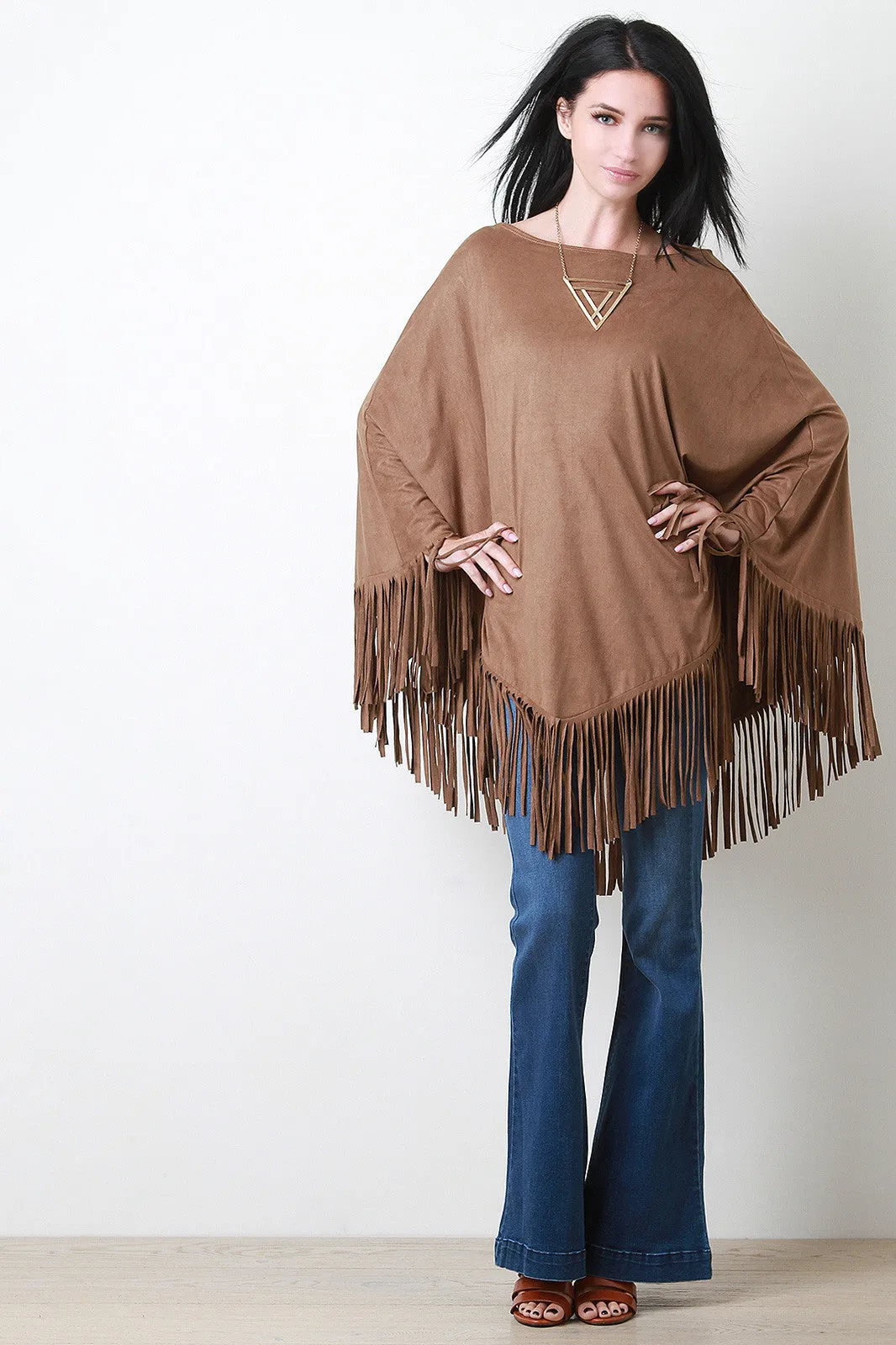 Faux Suede Fringe Poncho