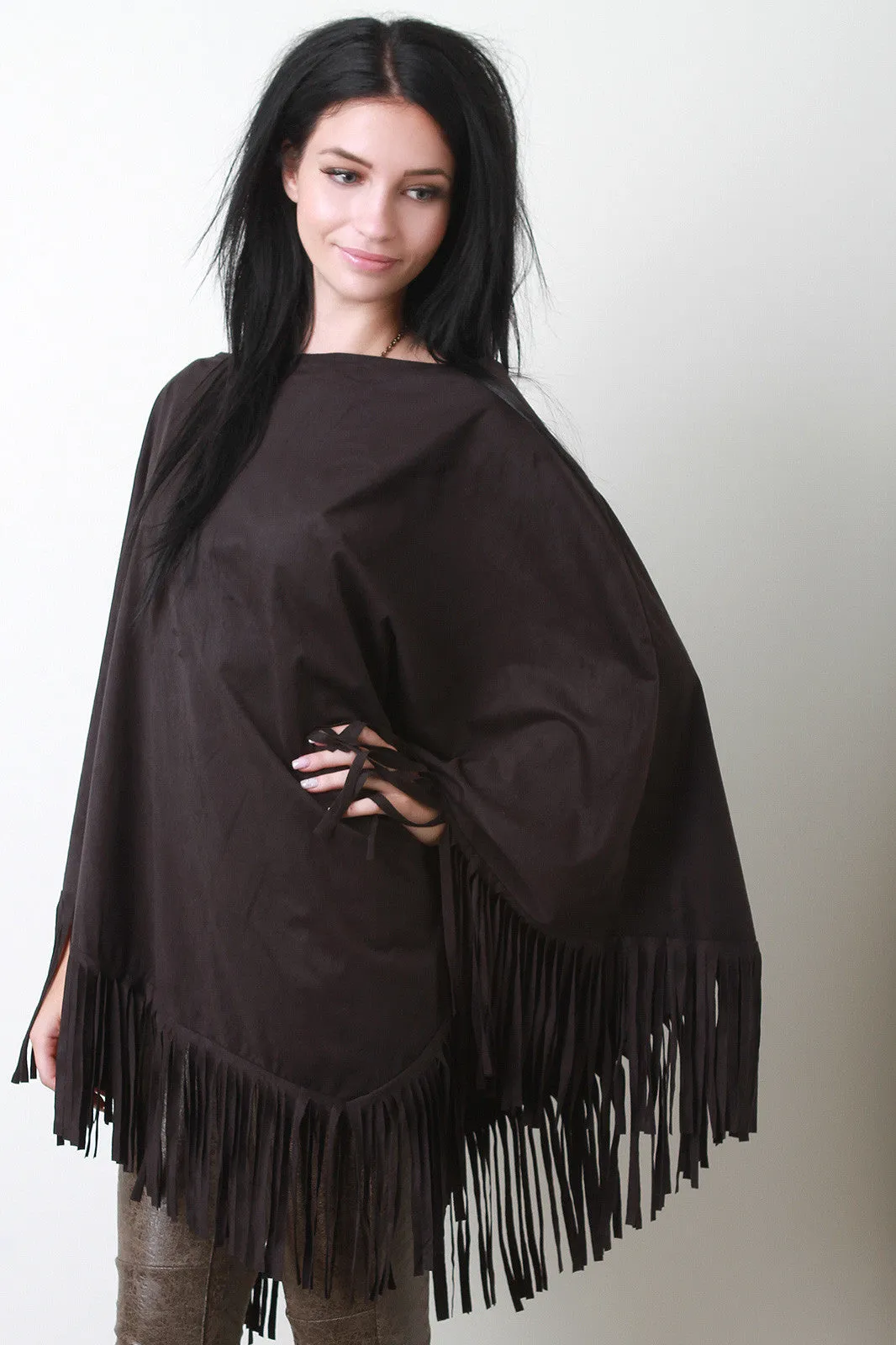 Faux Suede Fringe Poncho