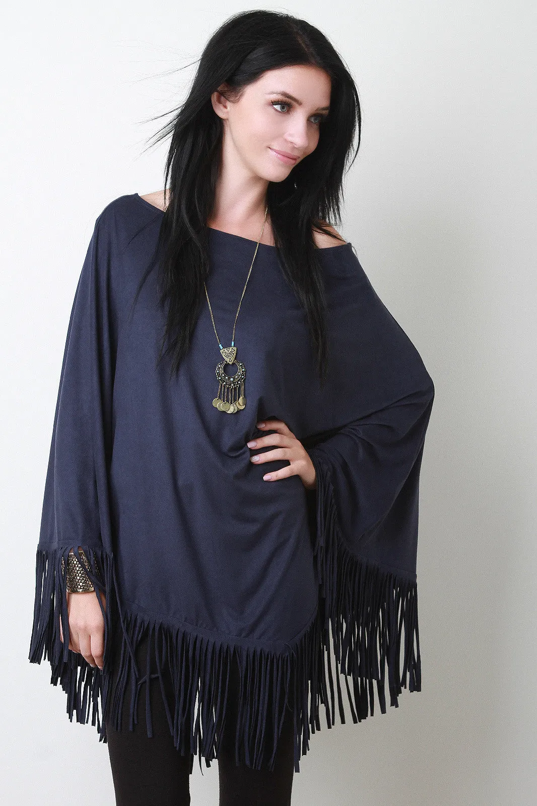 Faux Suede Fringe Poncho