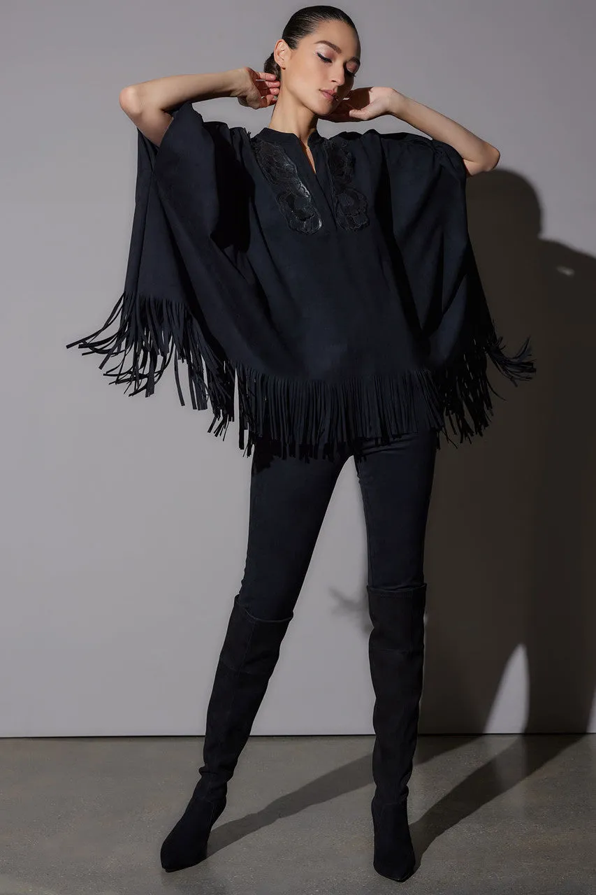 Faux Suede Half Placket Applique Poncho Shirt