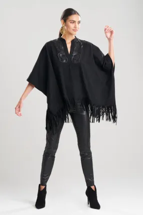 Faux Suede Half Placket Applique Poncho Shirt