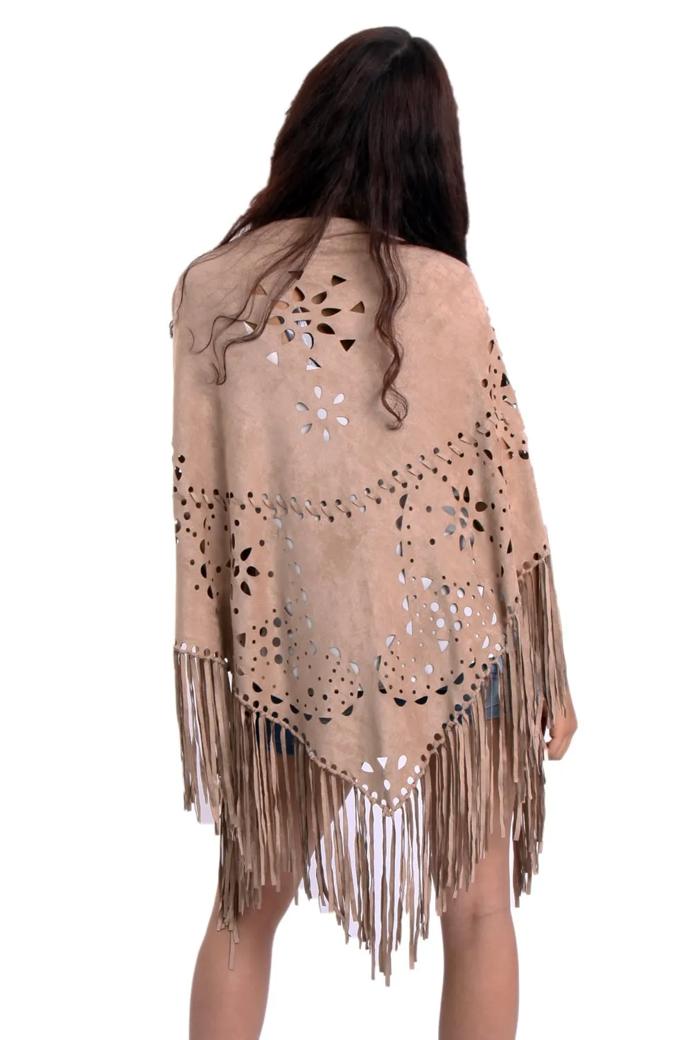 Faux Suede Laser Cut Fringe Cape