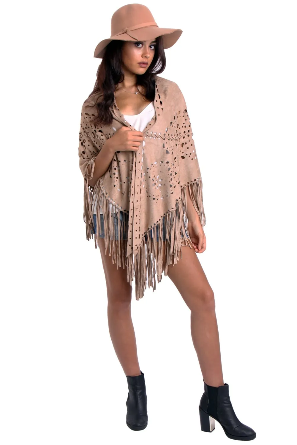 Faux Suede Laser Cut Fringe Cape