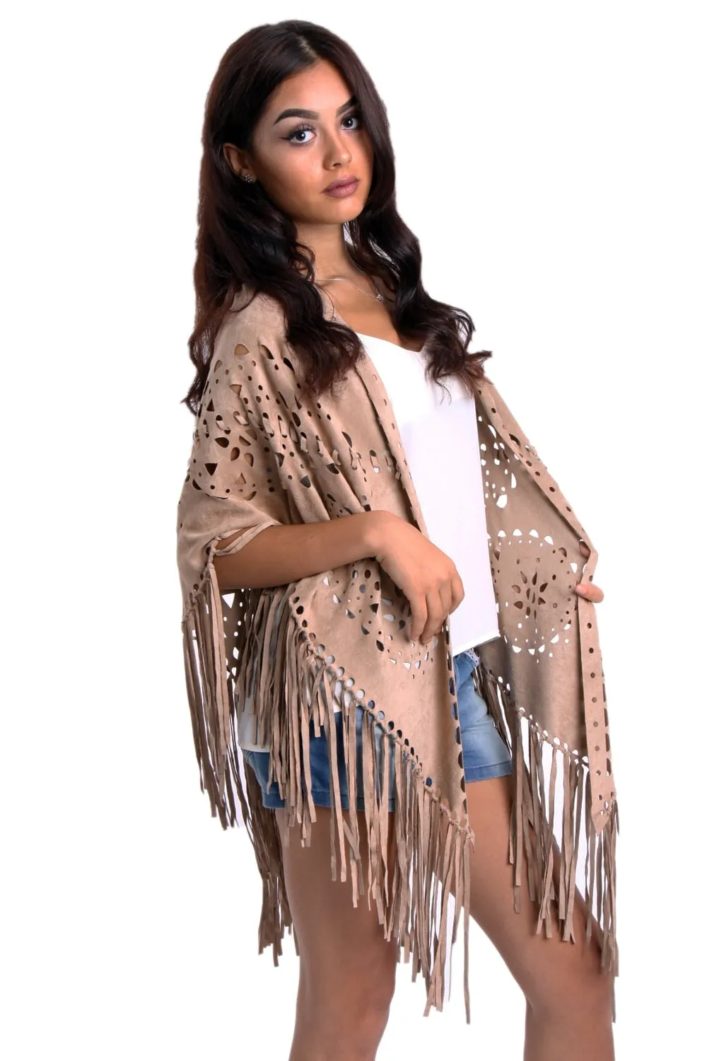 Faux Suede Laser Cut Fringe Cape