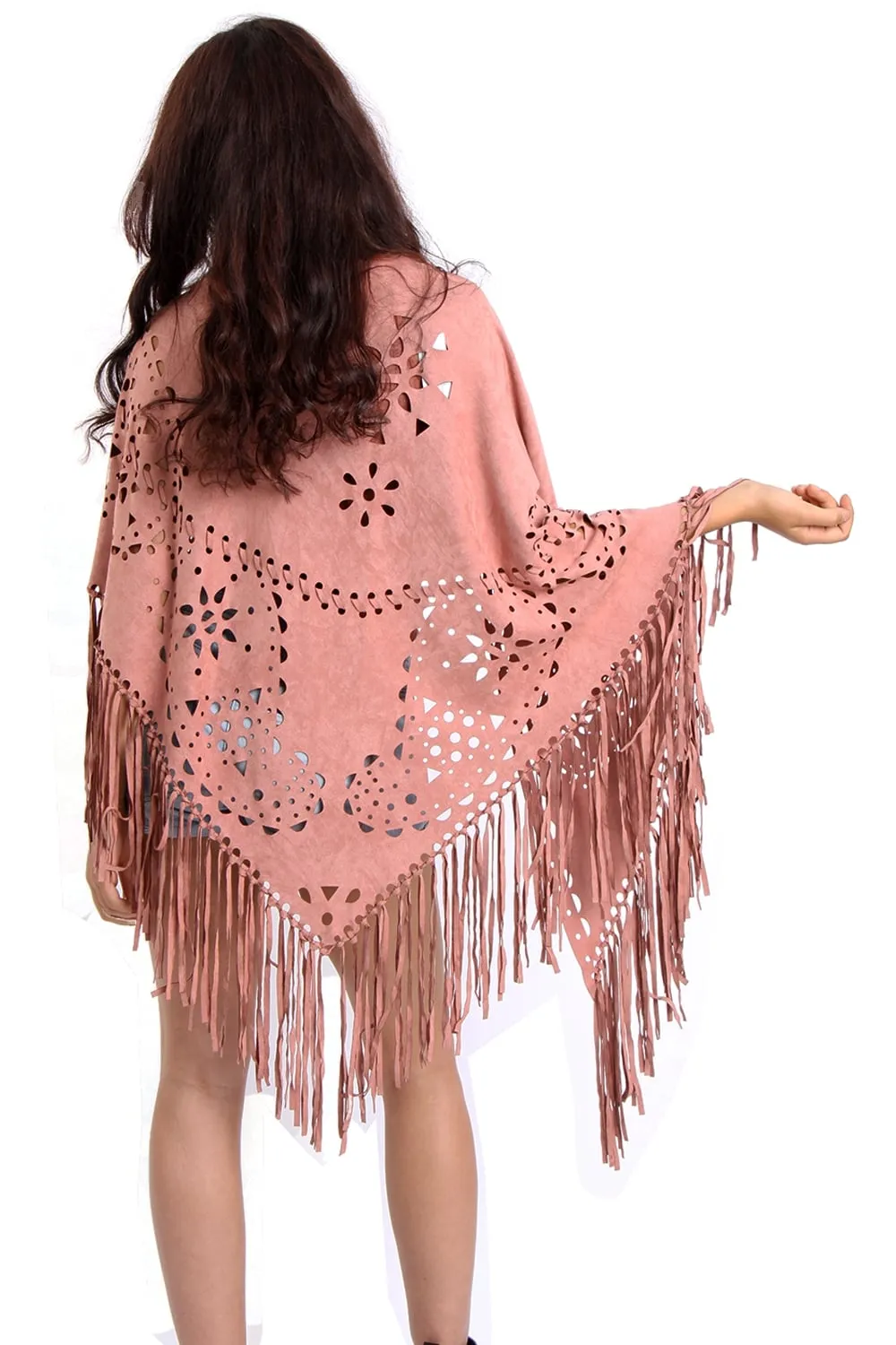 Faux Suede Laser Cut Fringe Cape