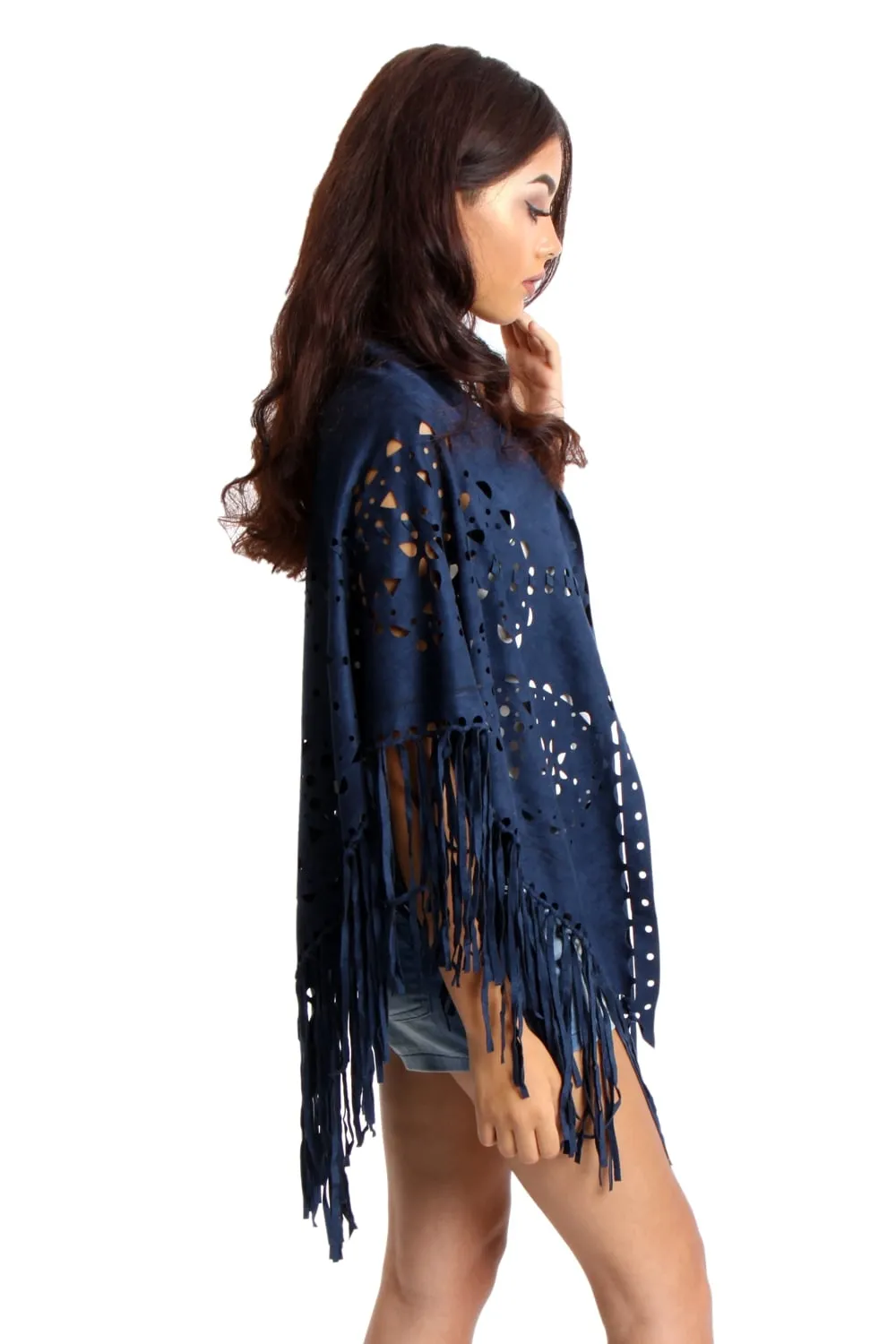 Faux Suede Laser Cut Fringe Cape