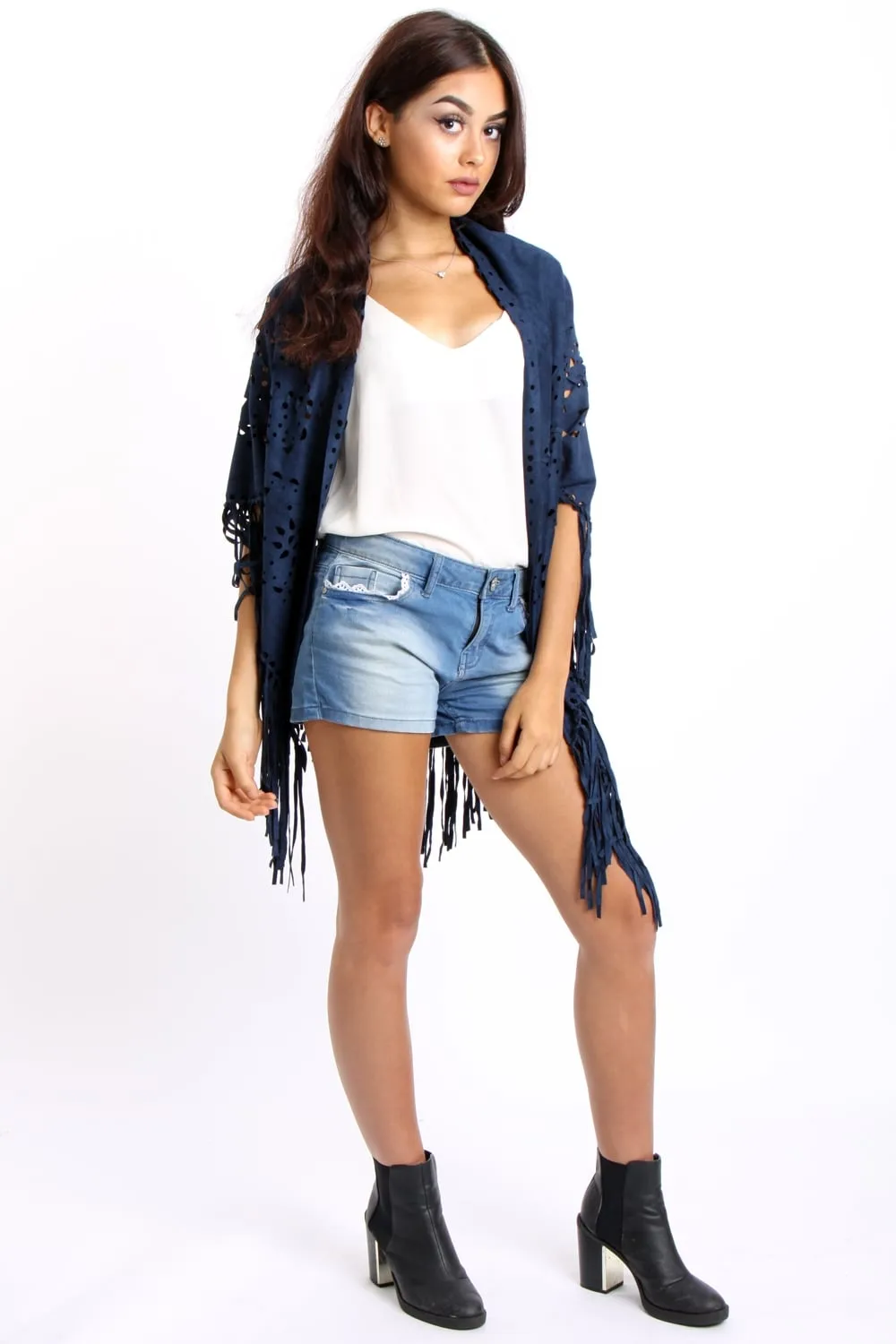 Faux Suede Laser Cut Fringe Cape