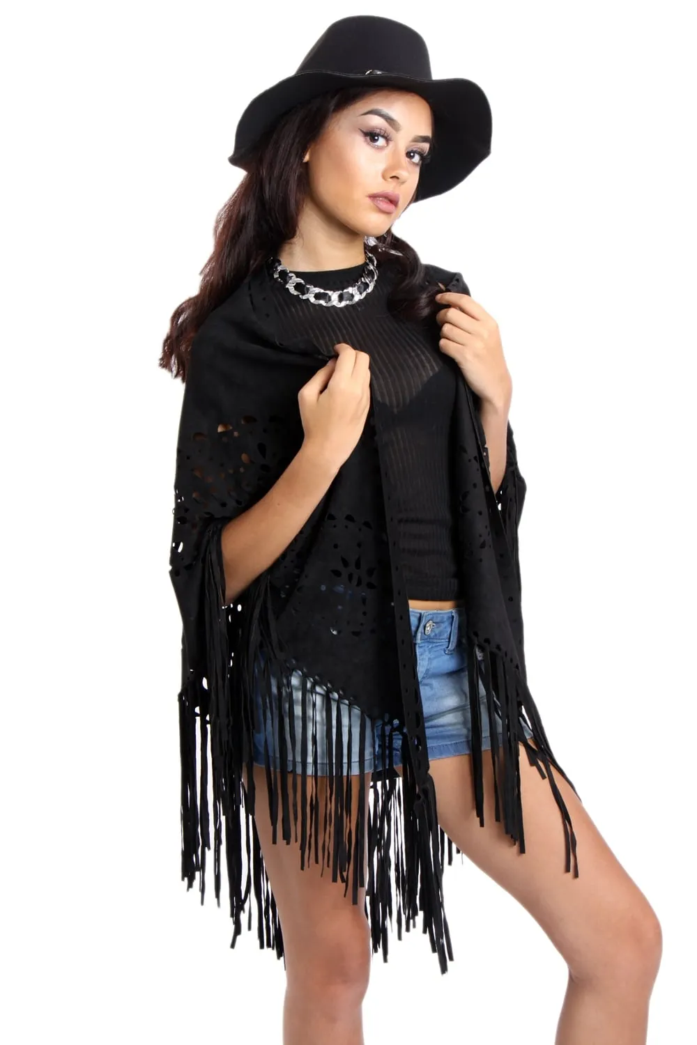 Faux Suede Laser Cut Fringe Cape