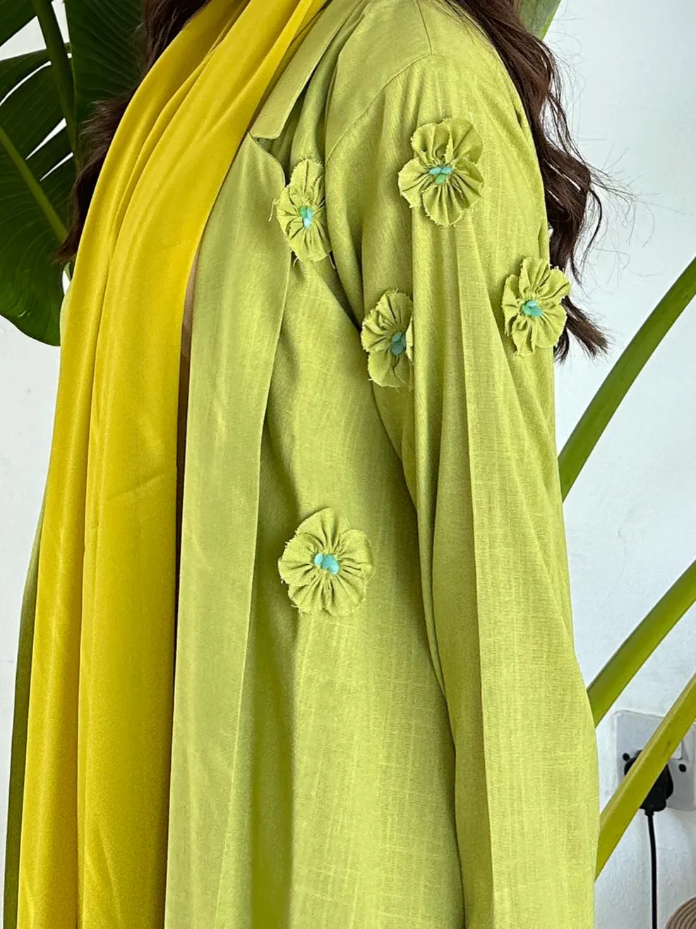 FLORAL OLIVE LINEN ABAYA #496