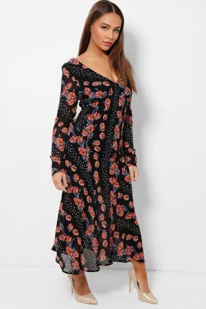 Floral Print Black V-Neck Chiffon Maxi Dress