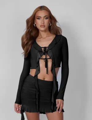 Frill Detail Tie Front Cardigan Top Black