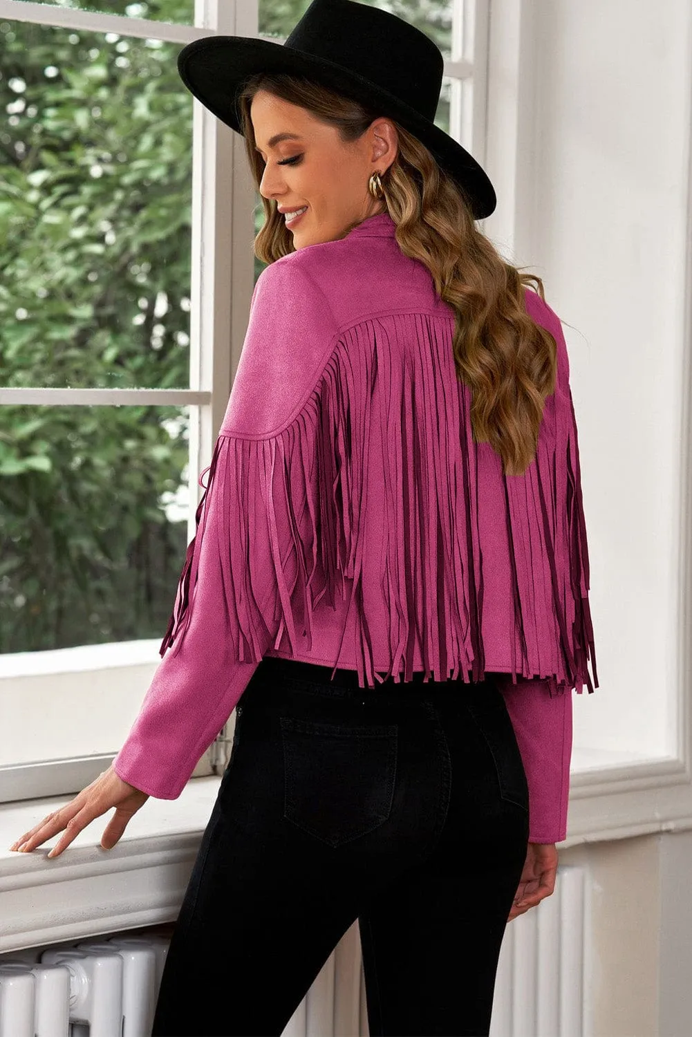 Fringe Trim Lapel Collar Cropped Blazer Jacket