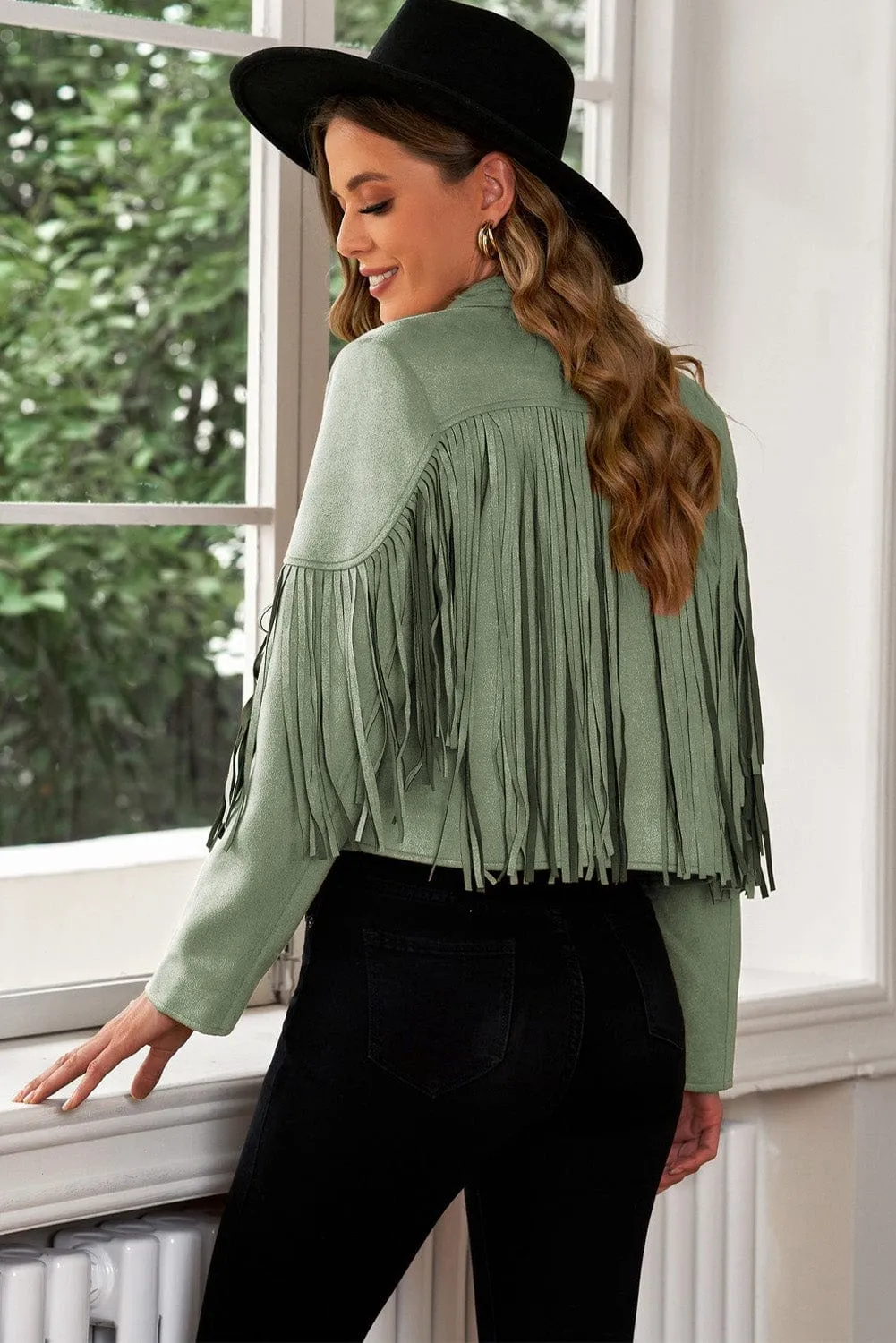 Fringe Trim Lapel Collar Cropped Blazer Jacket