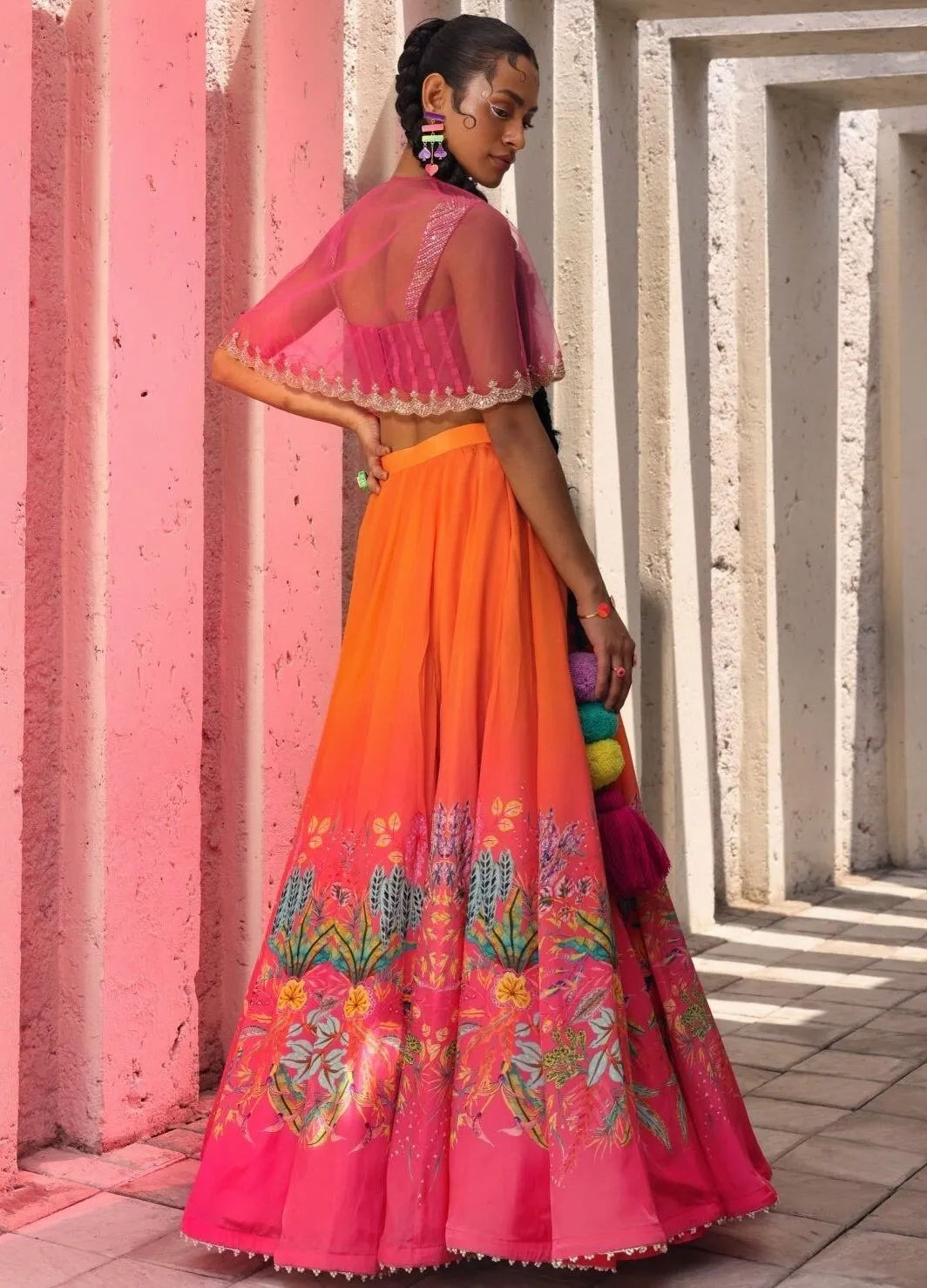 Fun Orange And Pink Poncho And Bustier Lehenga Set