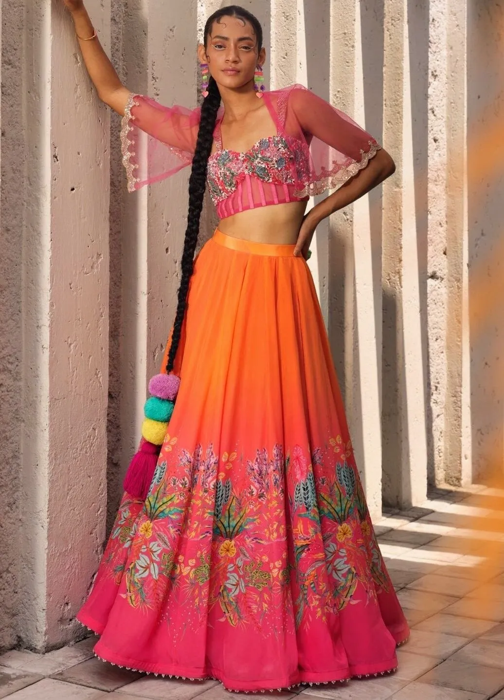 Fun Orange And Pink Poncho And Bustier Lehenga Set