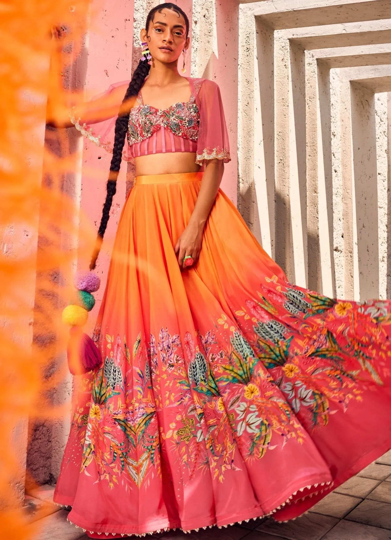 Fun Orange And Pink Poncho And Bustier Lehenga Set