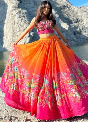 Fun Orange And Pink Poncho And Bustier Lehenga Set