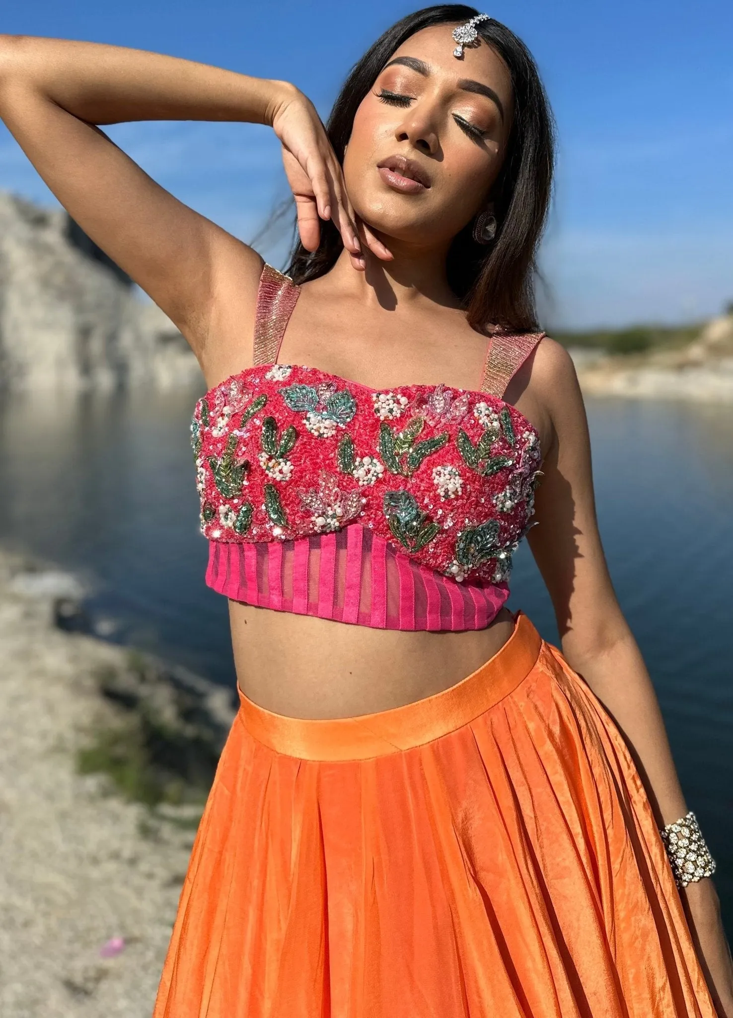 Fun Orange And Pink Poncho And Bustier Lehenga Set