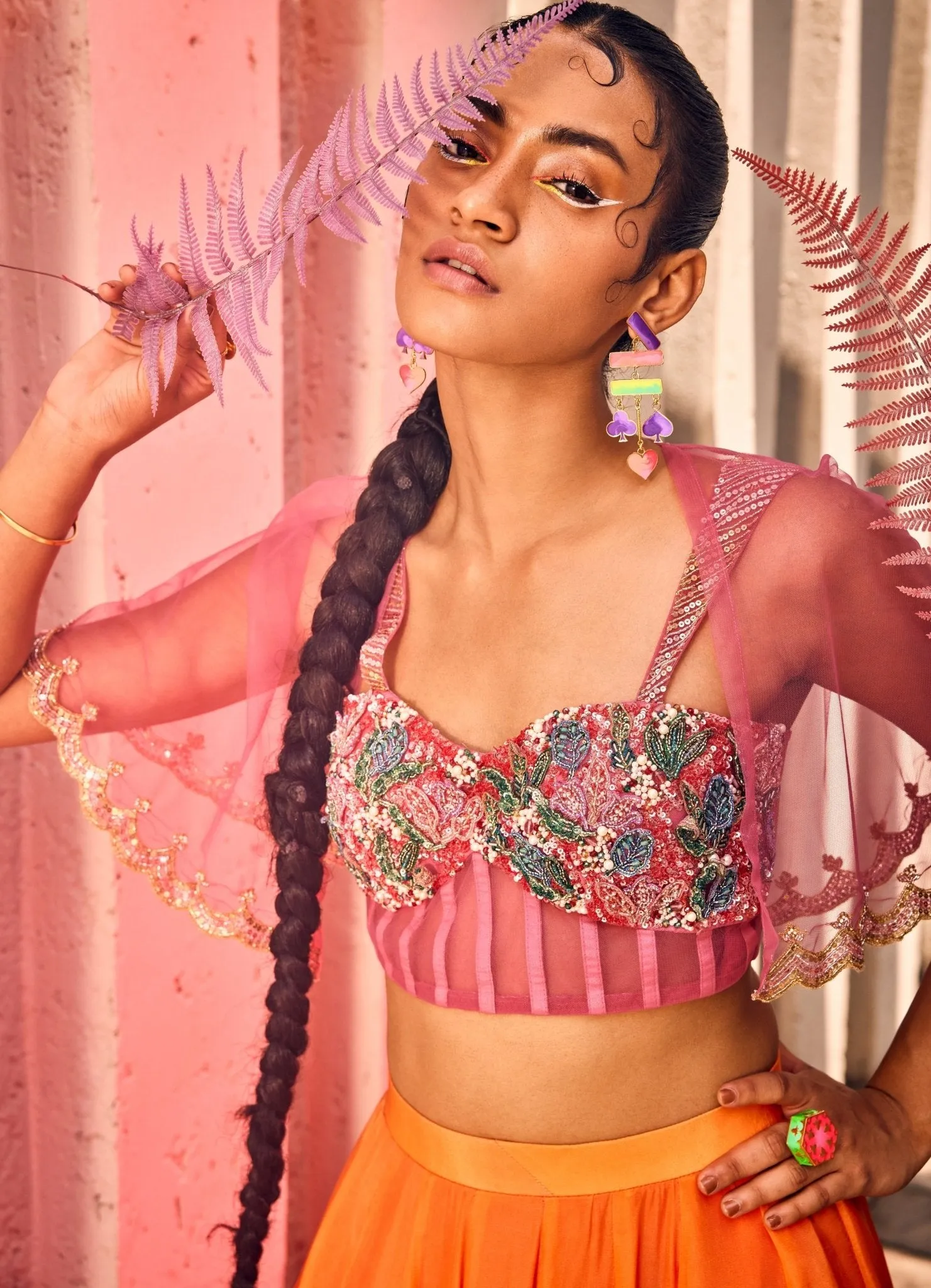 Fun Orange And Pink Poncho And Bustier Lehenga Set