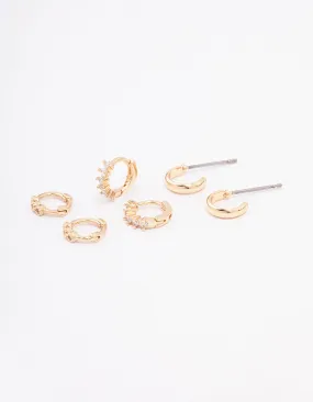 Gold Mixed Diamante Huggie Hoop Earring 3-Pack