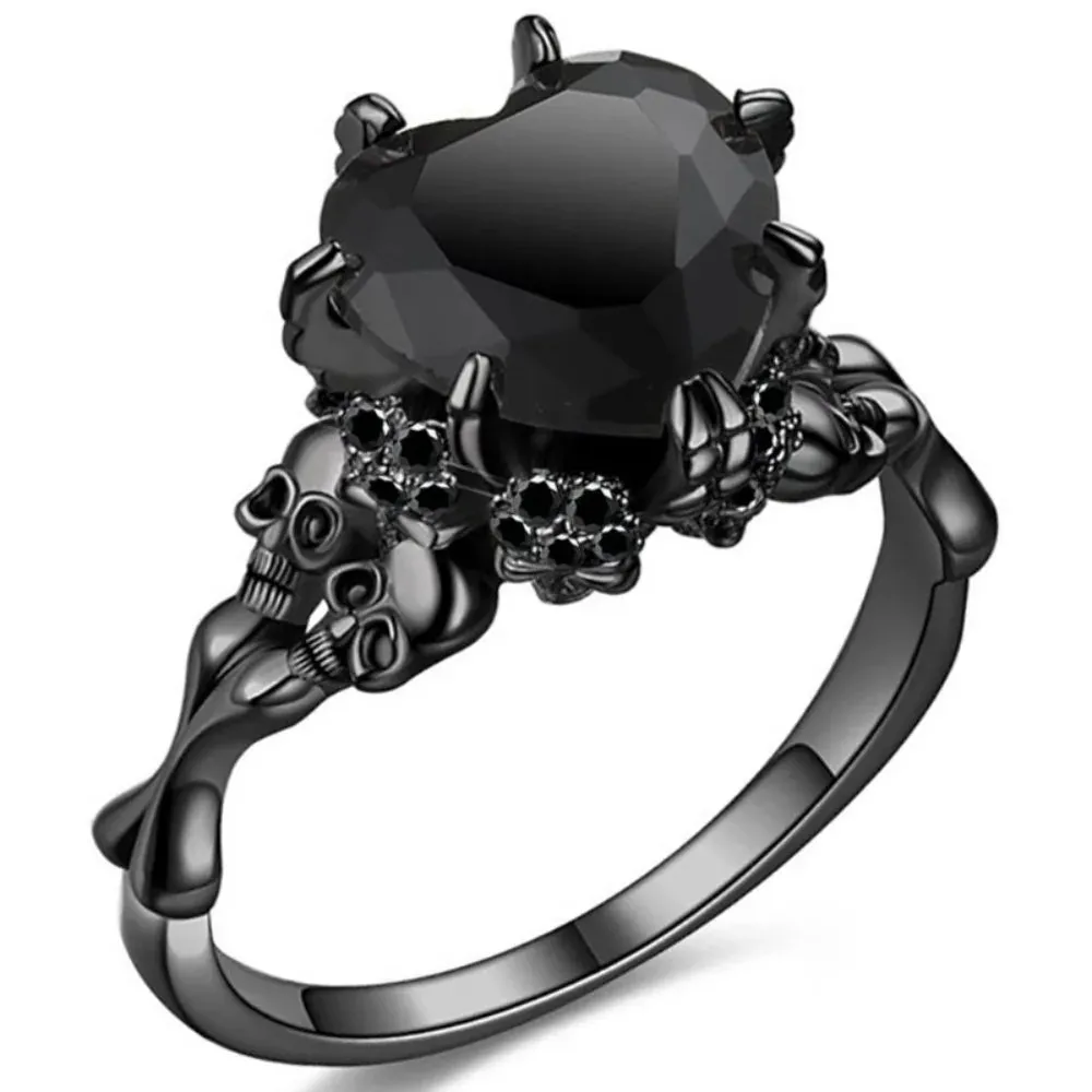 Gothic Skull Double Skull Ring with Heart-Shaped Red Crystal – Black Vampire Jewelry