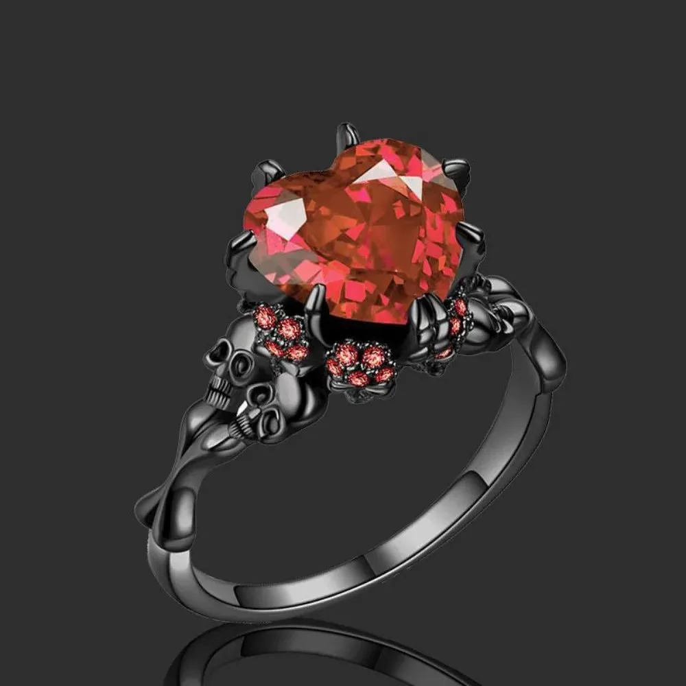 Gothic Skull Double Skull Ring with Heart-Shaped Red Crystal – Black Vampire Jewelry