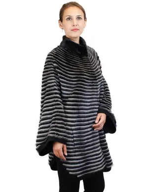 GRAY & BLACK HORIZONTAL STRIPED MINK FUR & WOOL PONCHO SWEATER