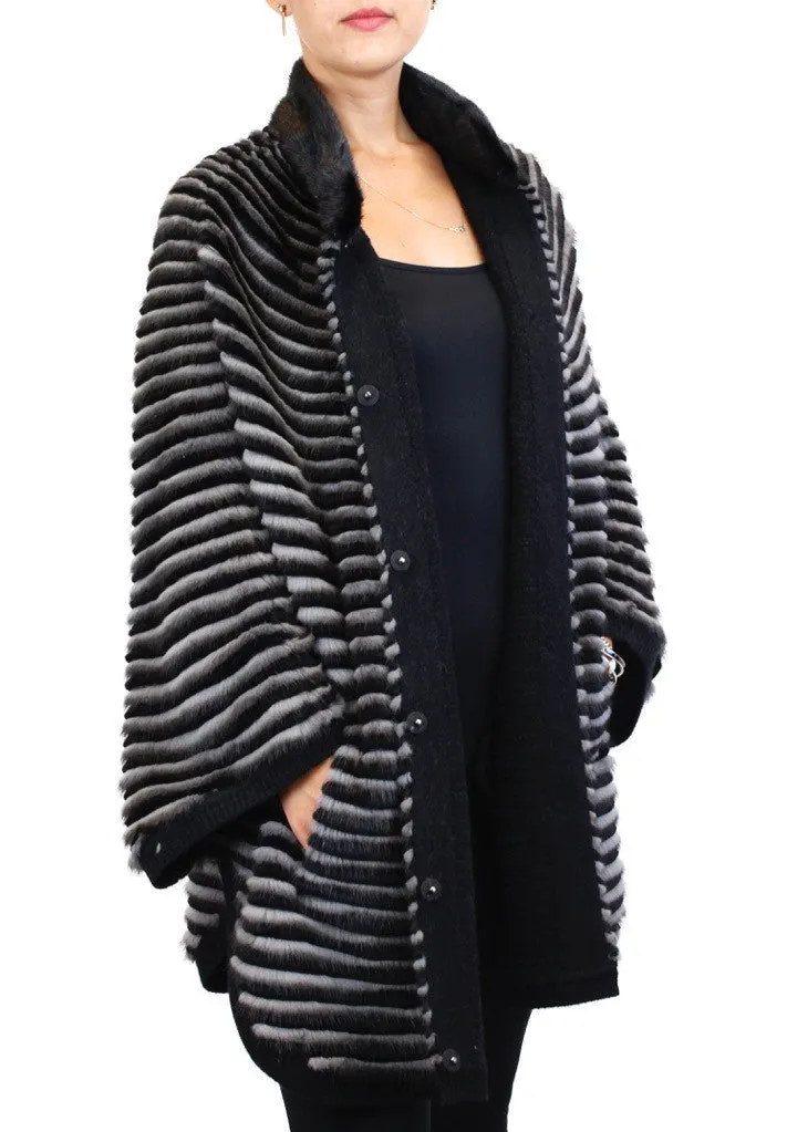 GRAY & BLACK HORIZONTAL STRIPED MINK FUR & WOOL PONCHO SWEATER