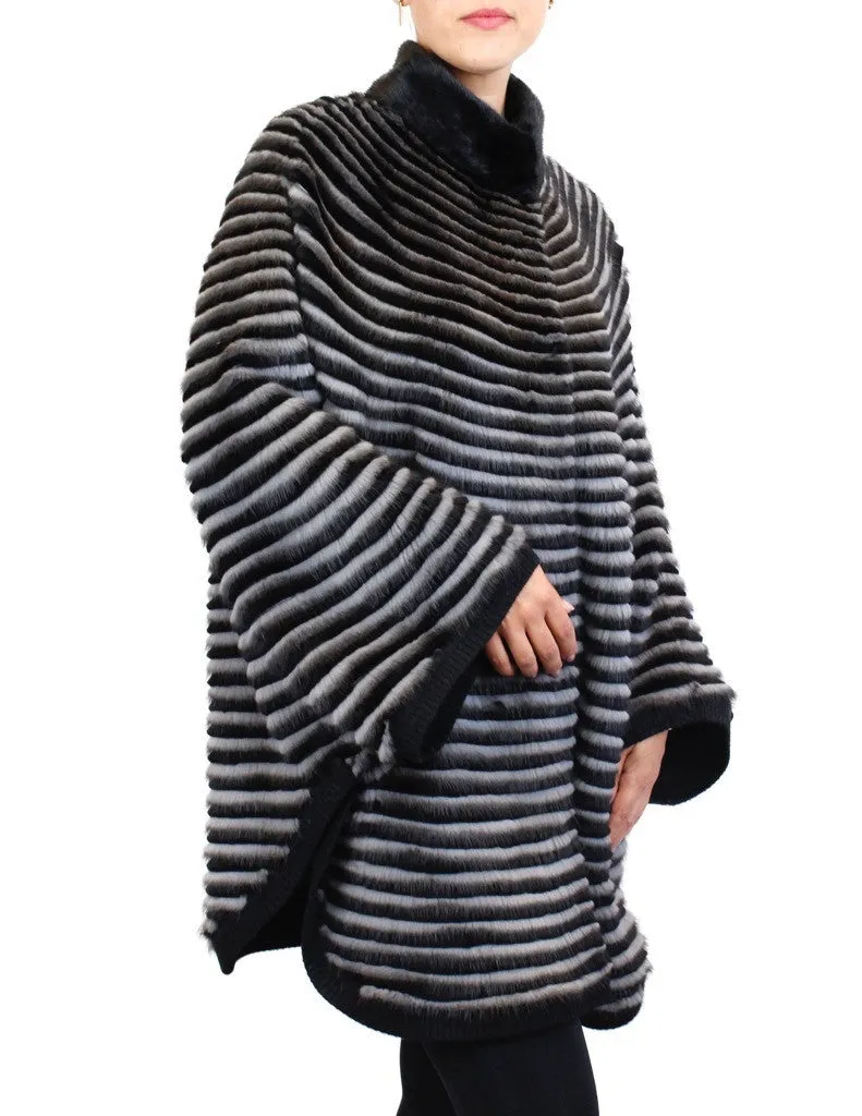 GRAY & BLACK HORIZONTAL STRIPED MINK FUR & WOOL PONCHO SWEATER