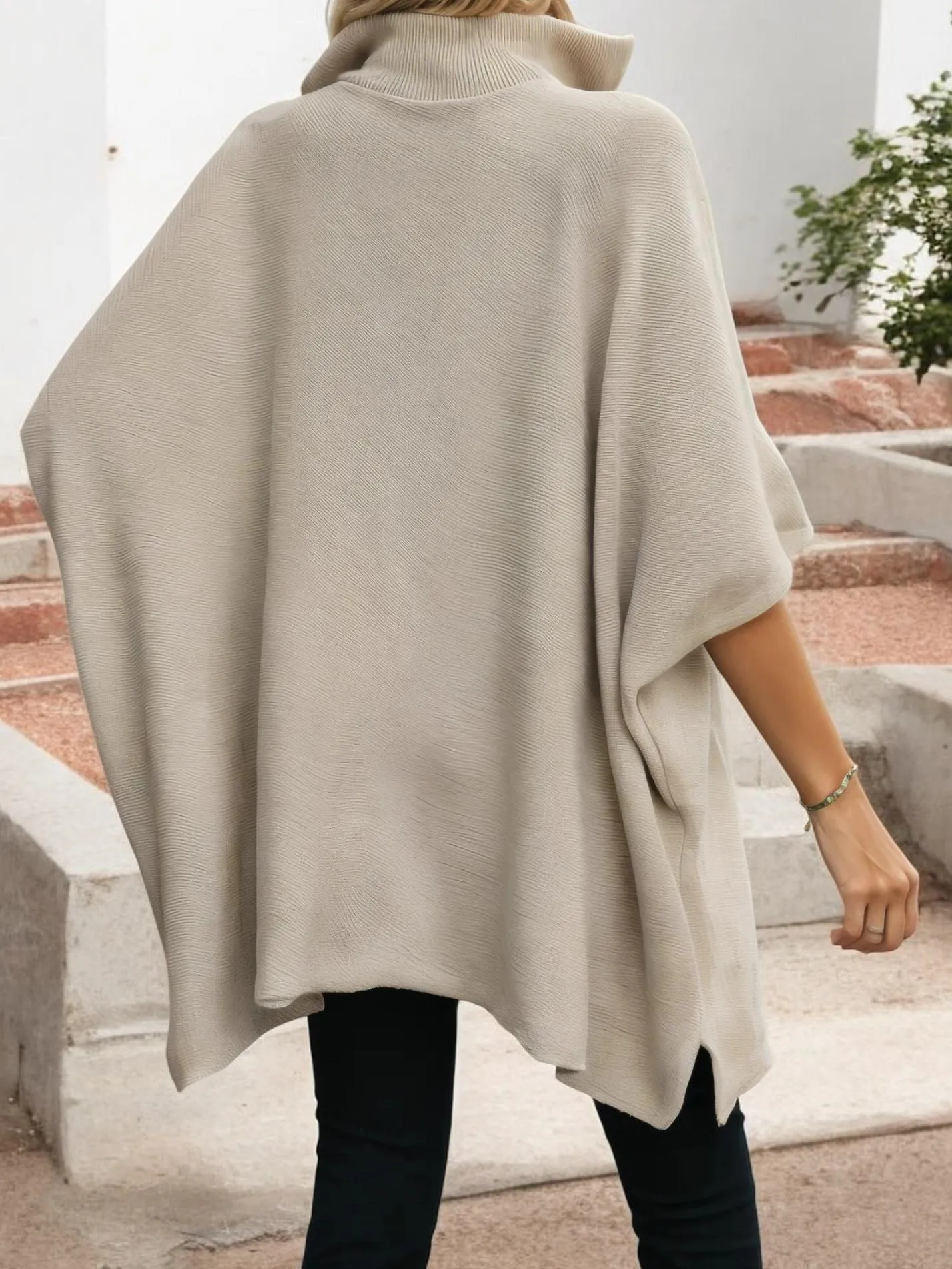 Half Sleeve Knit Poncho Sweater with Zipper Collar