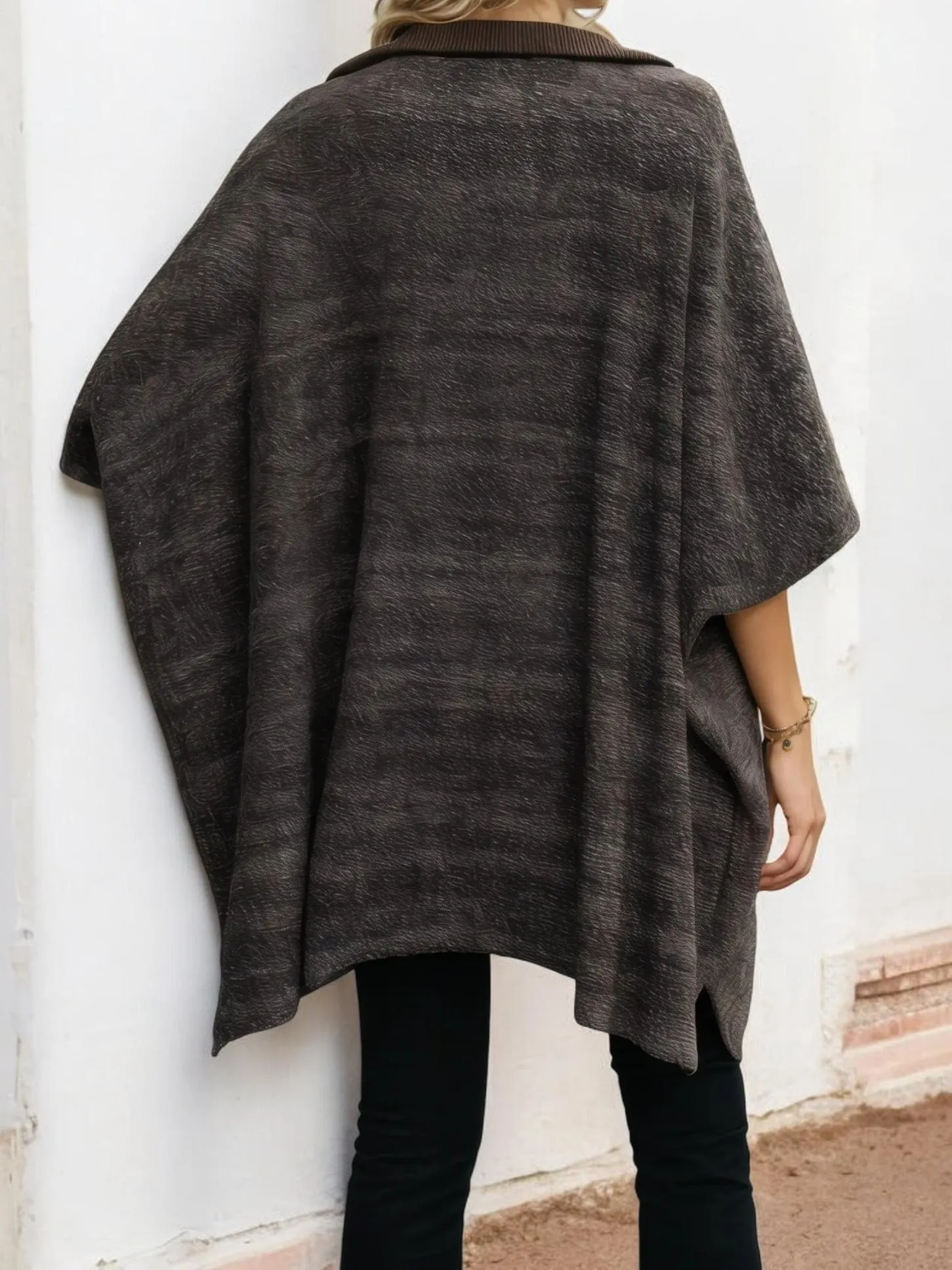 Half Sleeve Knit Poncho Sweater with Zipper Collar