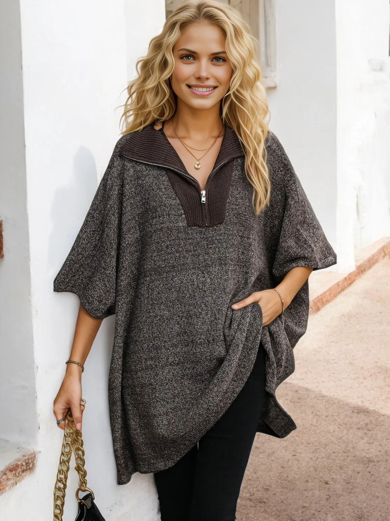 Half Sleeve Knit Poncho Sweater with Zipper Collar