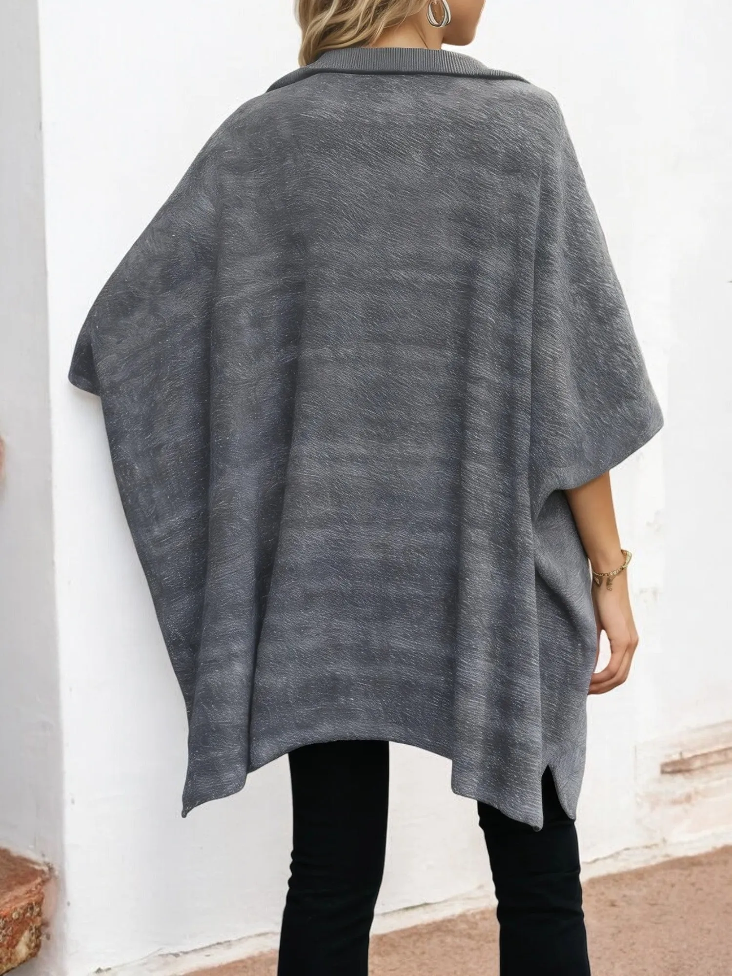 Half Sleeve Knit Poncho Sweater with Zipper Collar