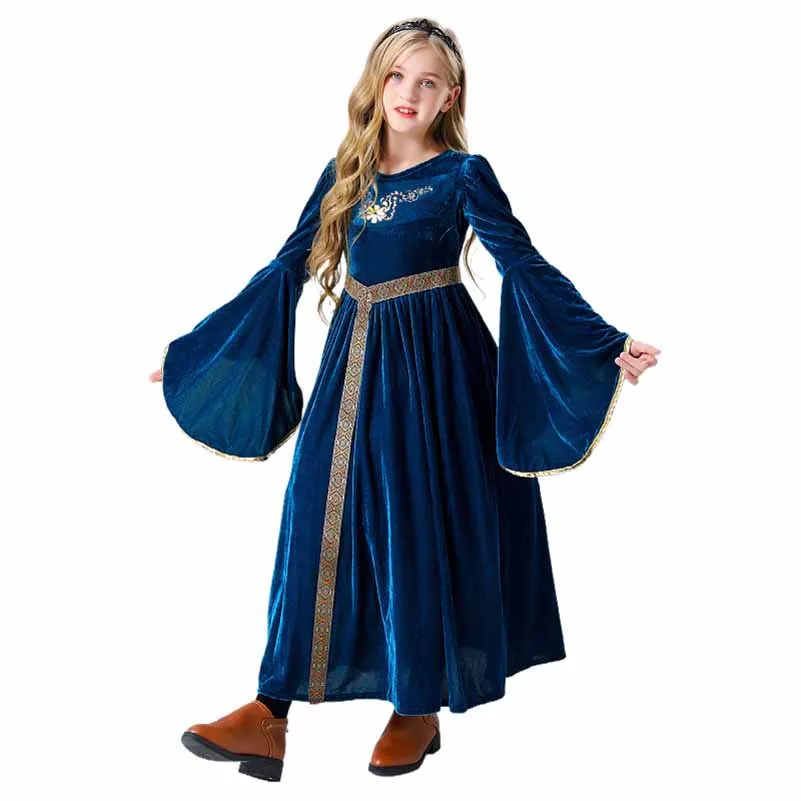 Halloween cosplay Medieval Retro Palace Noble Ball Performance Dress Children's Suede Flare Sleeves Long Dress