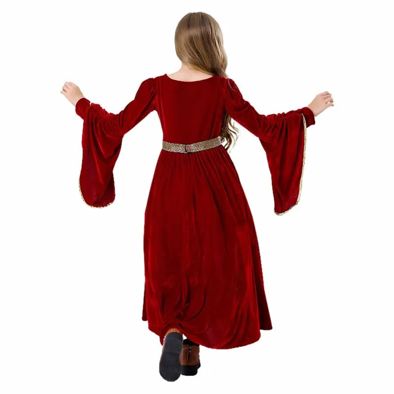 Halloween cosplay Medieval Retro Palace Noble Ball Performance Dress Children's Suede Flare Sleeves Long Dress