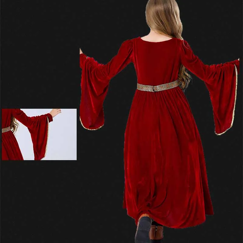 Halloween cosplay Medieval Retro Palace Noble Ball Performance Dress Children's Suede Flare Sleeves Long Dress