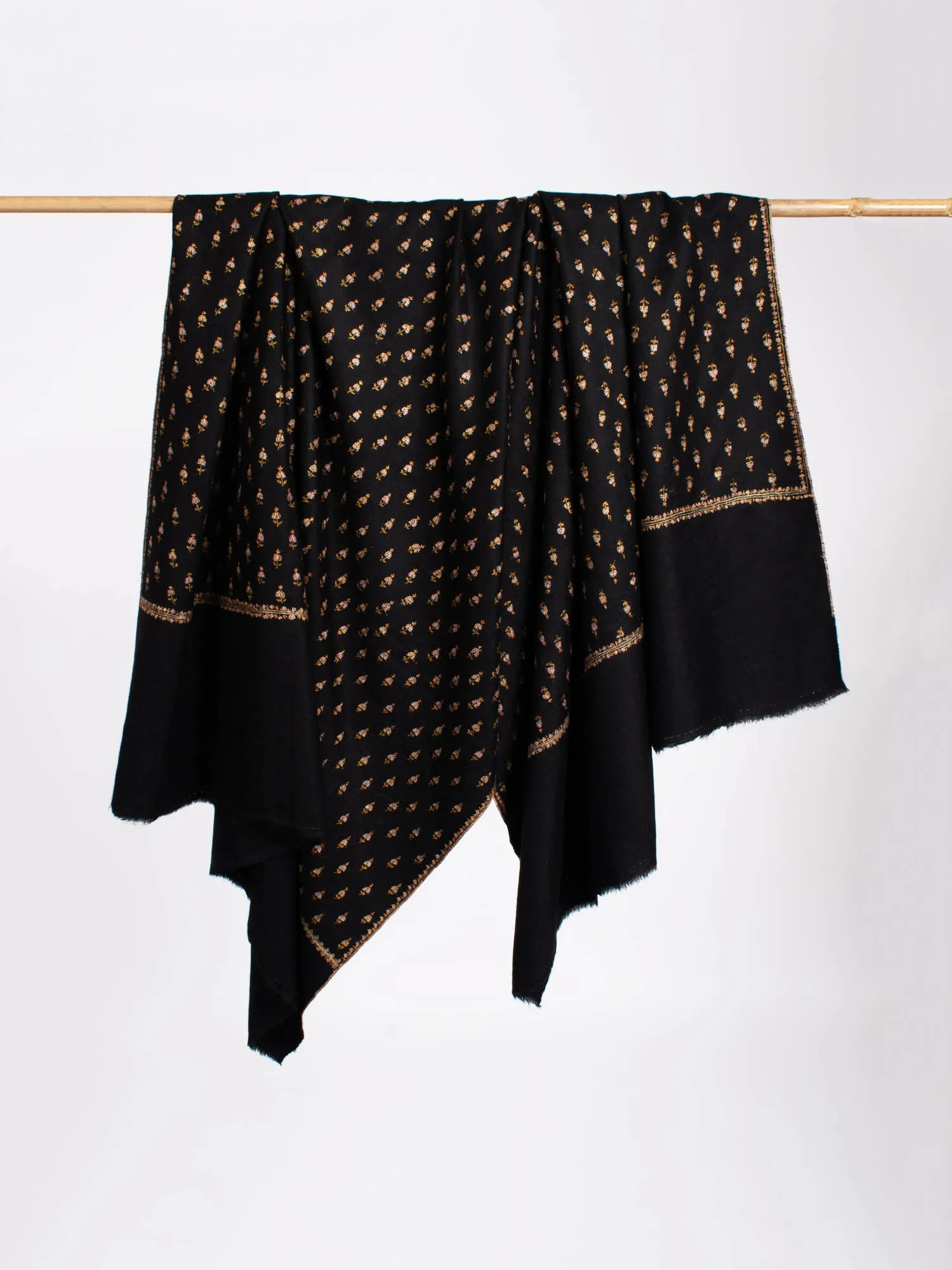 Hand Spun Delicately Embroidered Black Pashmina Shawl - ITHACA