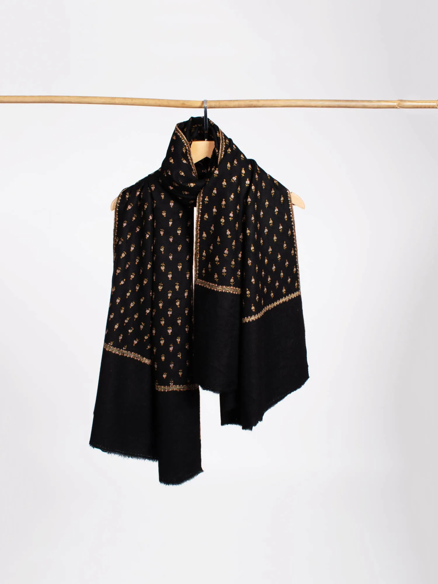 Hand Spun Delicately Embroidered Black Pashmina Shawl - ITHACA