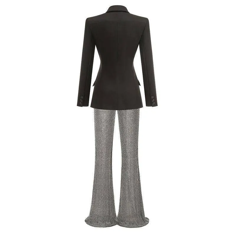 Helen V Neck Long Sleeve Rhinestone Suit