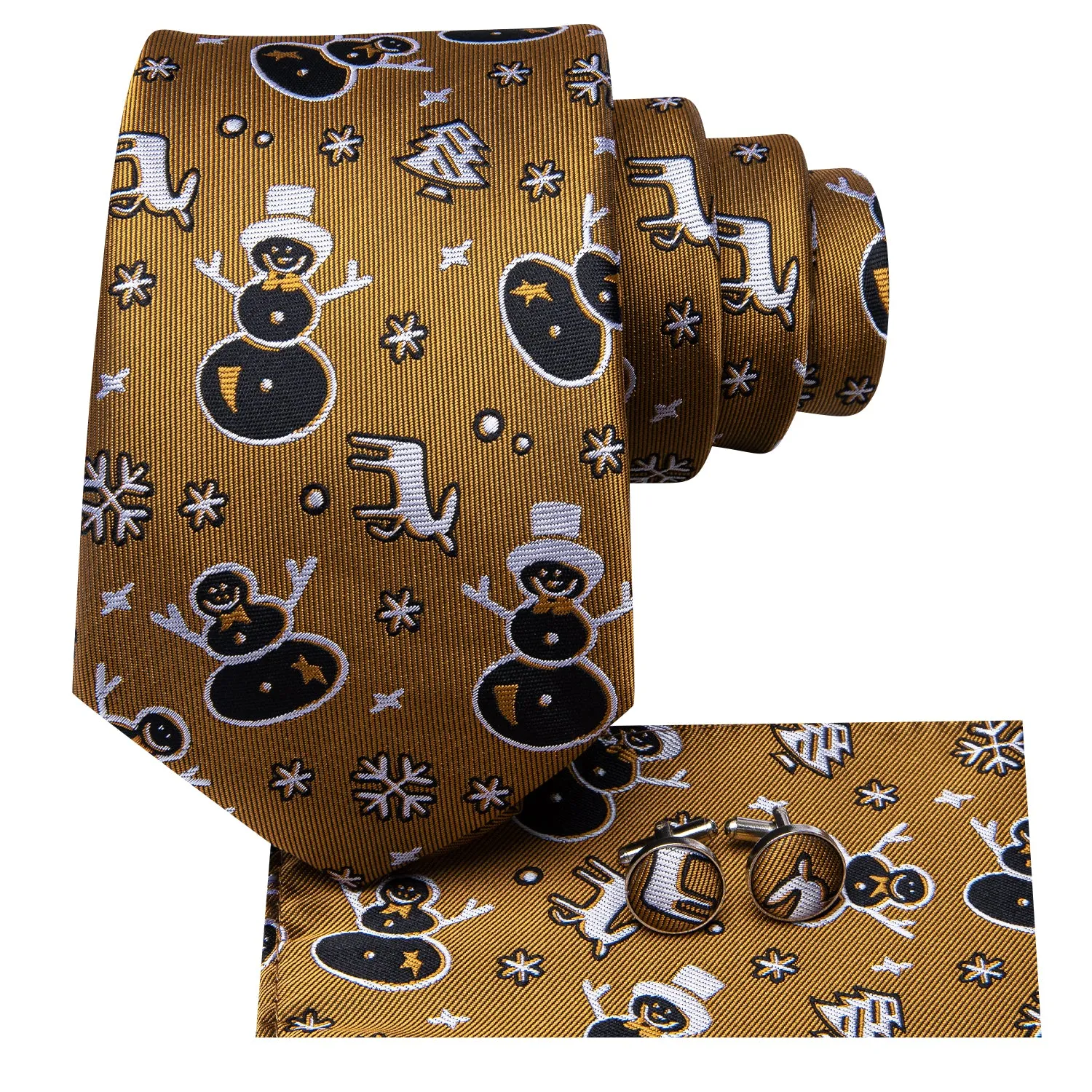 Hi-Tie Christmas Olive White Black Snowflake Deer Snowmen Neck Tie Set