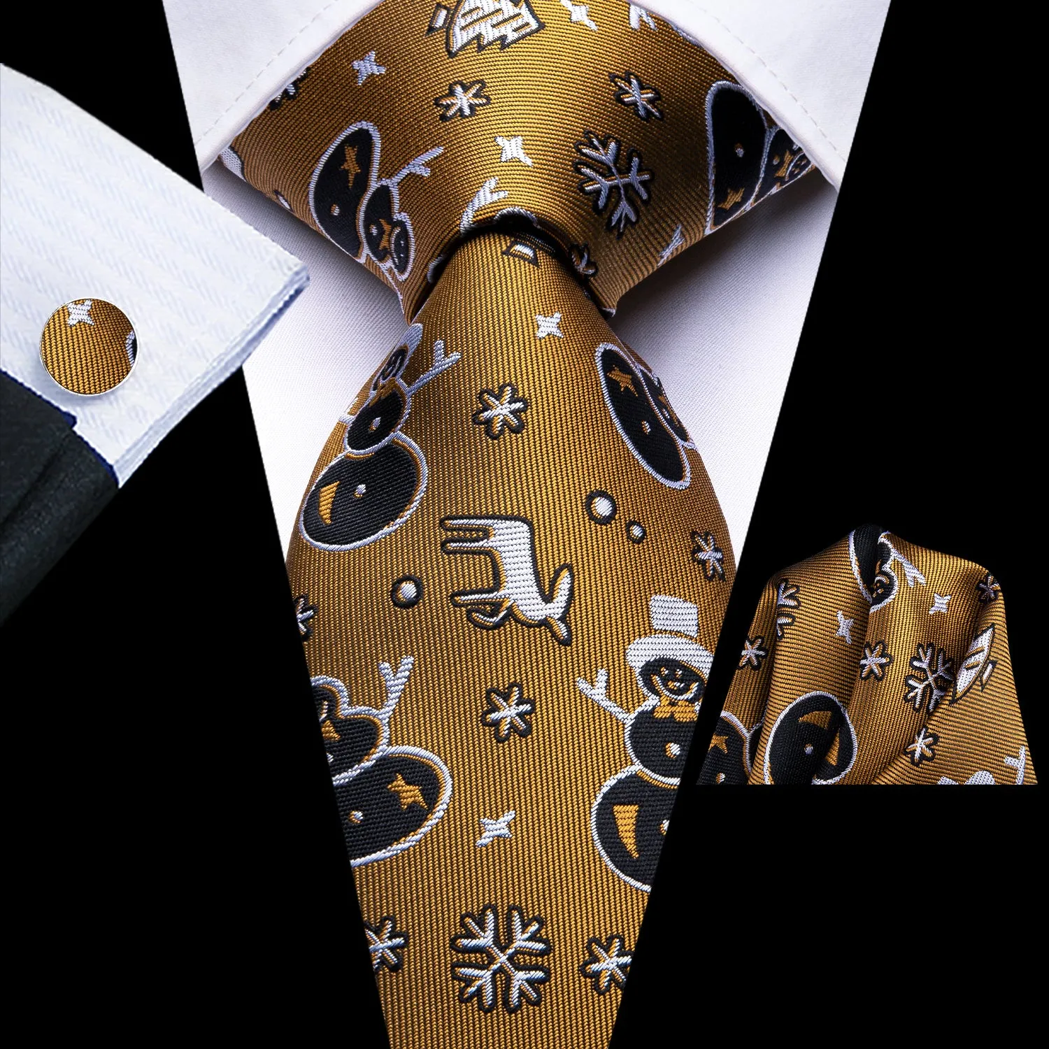 Hi-Tie Christmas Olive White Black Snowflake Deer Snowmen Neck Tie Set