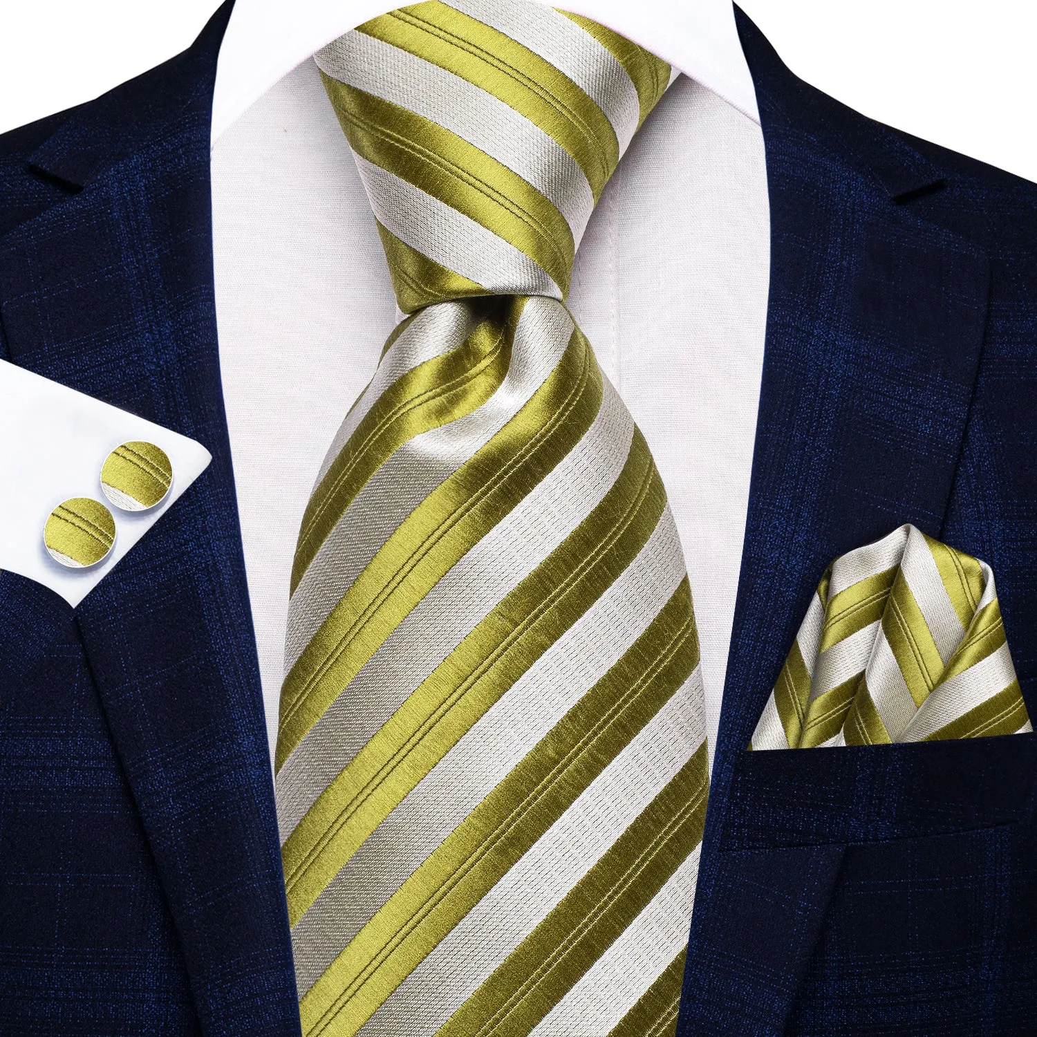 Hi-Tie Olive Green Ties White Stripes Tie Pocket Square Cufflinks Set