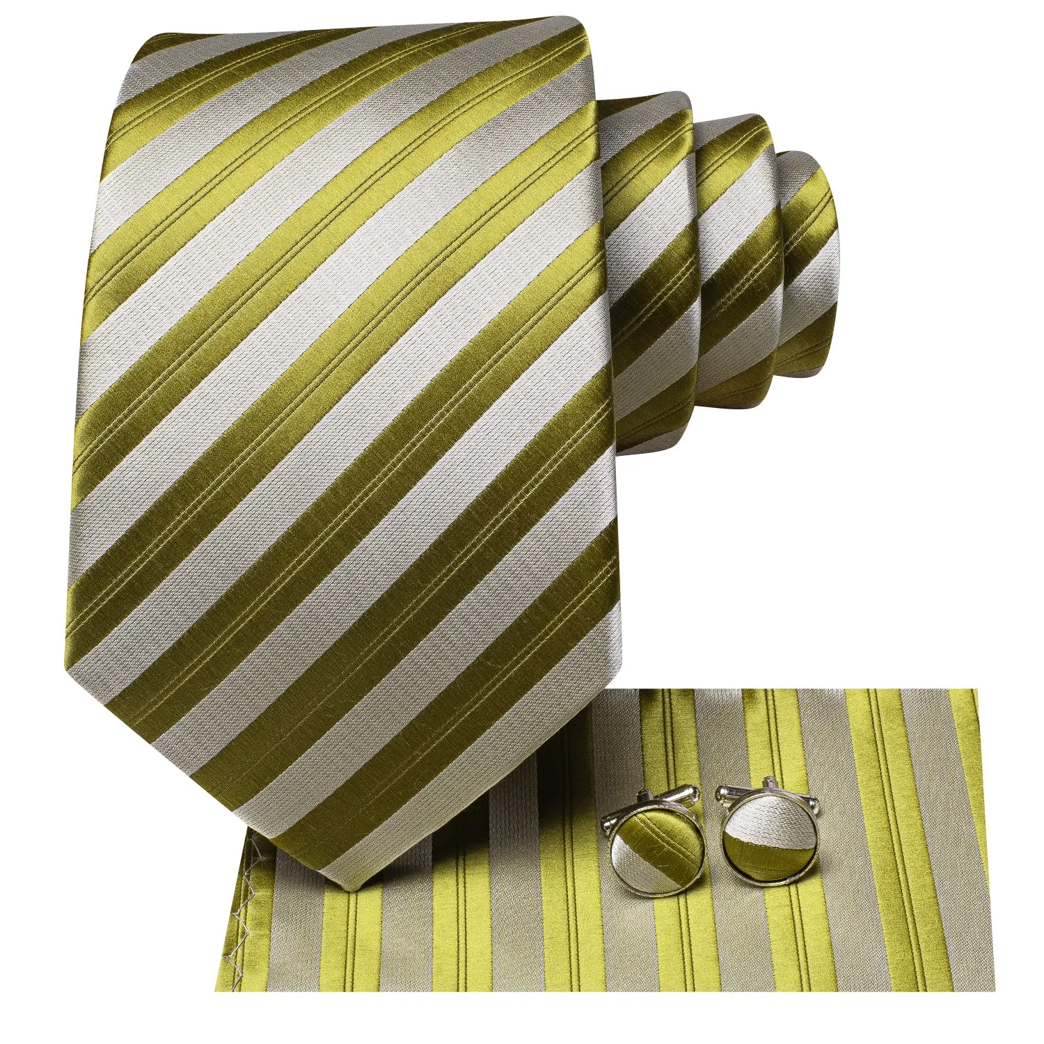 Hi-Tie Olive Green Ties White Stripes Tie Pocket Square Cufflinks Set