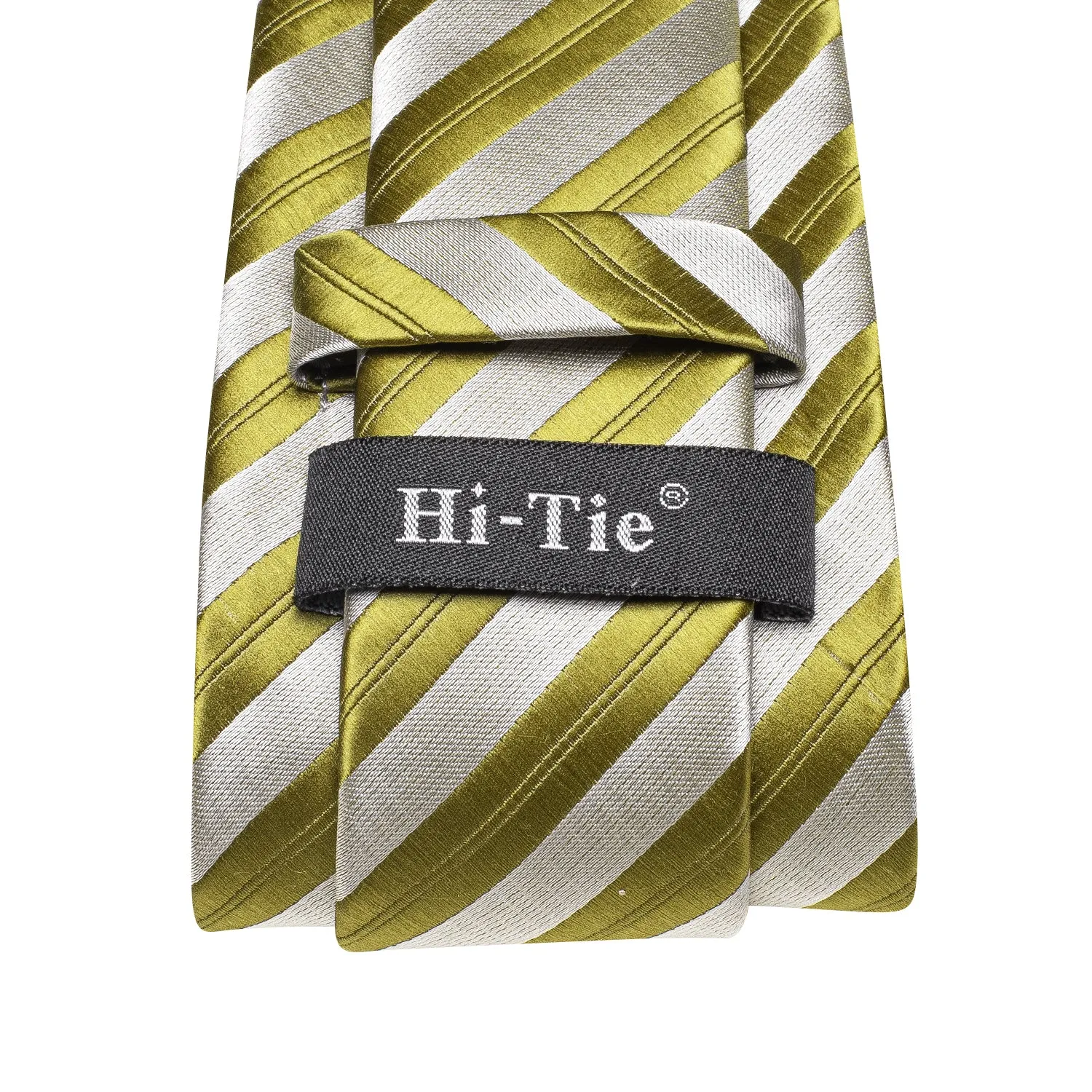 Hi-Tie Olive Green Ties White Stripes Tie Pocket Square Cufflinks Set