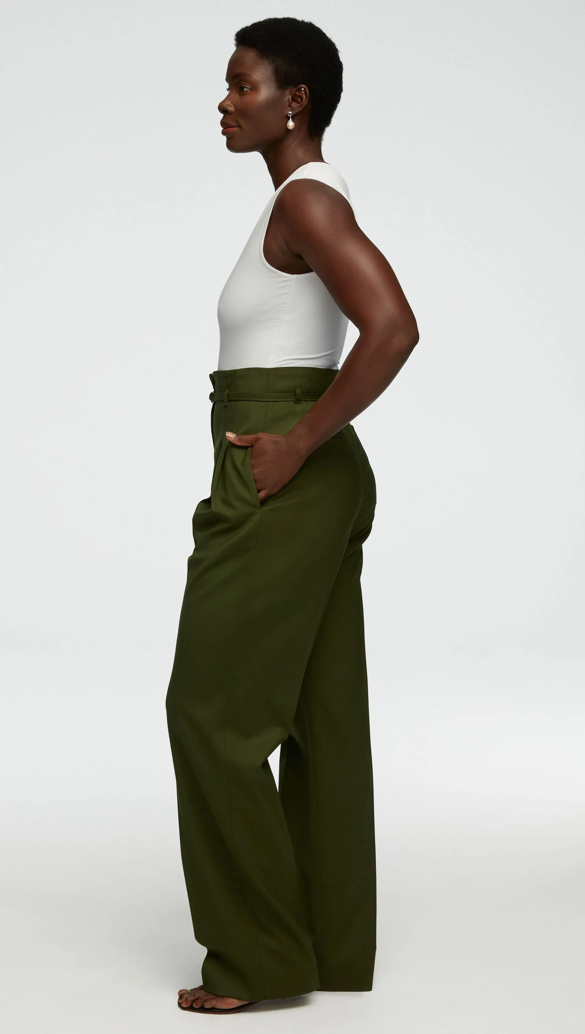 High-Waisted Belted Trouser in Seasonless Wool | Olive